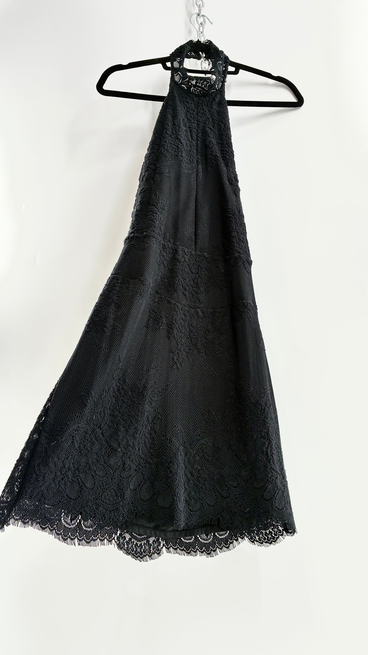 Free People Black Lace Halter Mini Dress with Open Back (Medium)