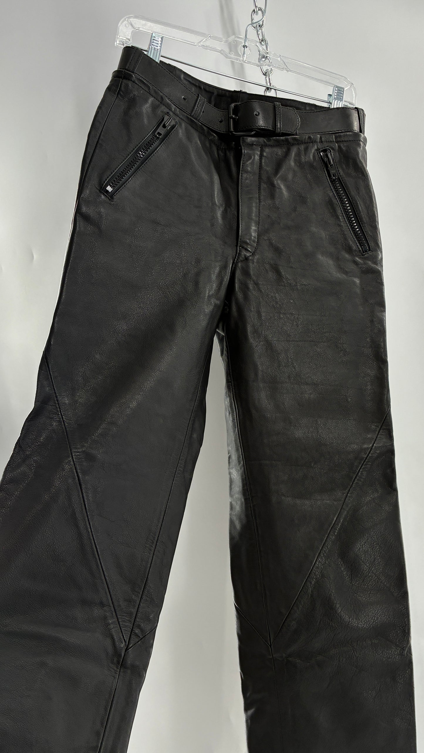 Vintage Black Italian Leather Motorcycyle Pants with Built In Belt and Zipper Detailing (XS)