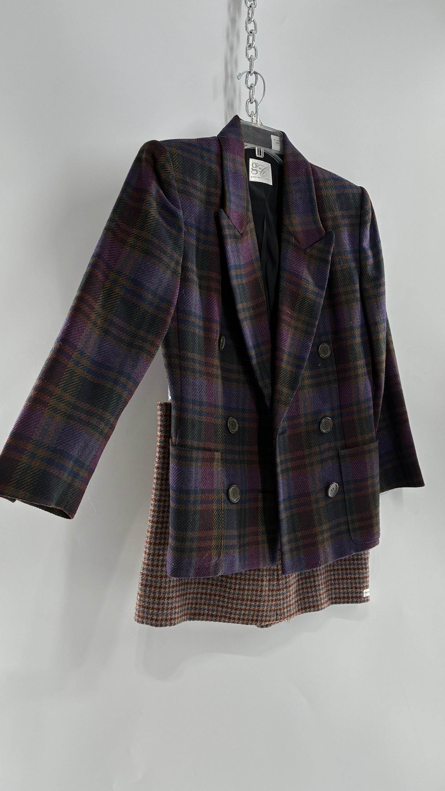 Vintage Suit Set with GOOD WORKS CLOTHING Wool Blend Indigo Plaid Blazer and Upcycled Wool Blend Mini Skirt (6 Petite)