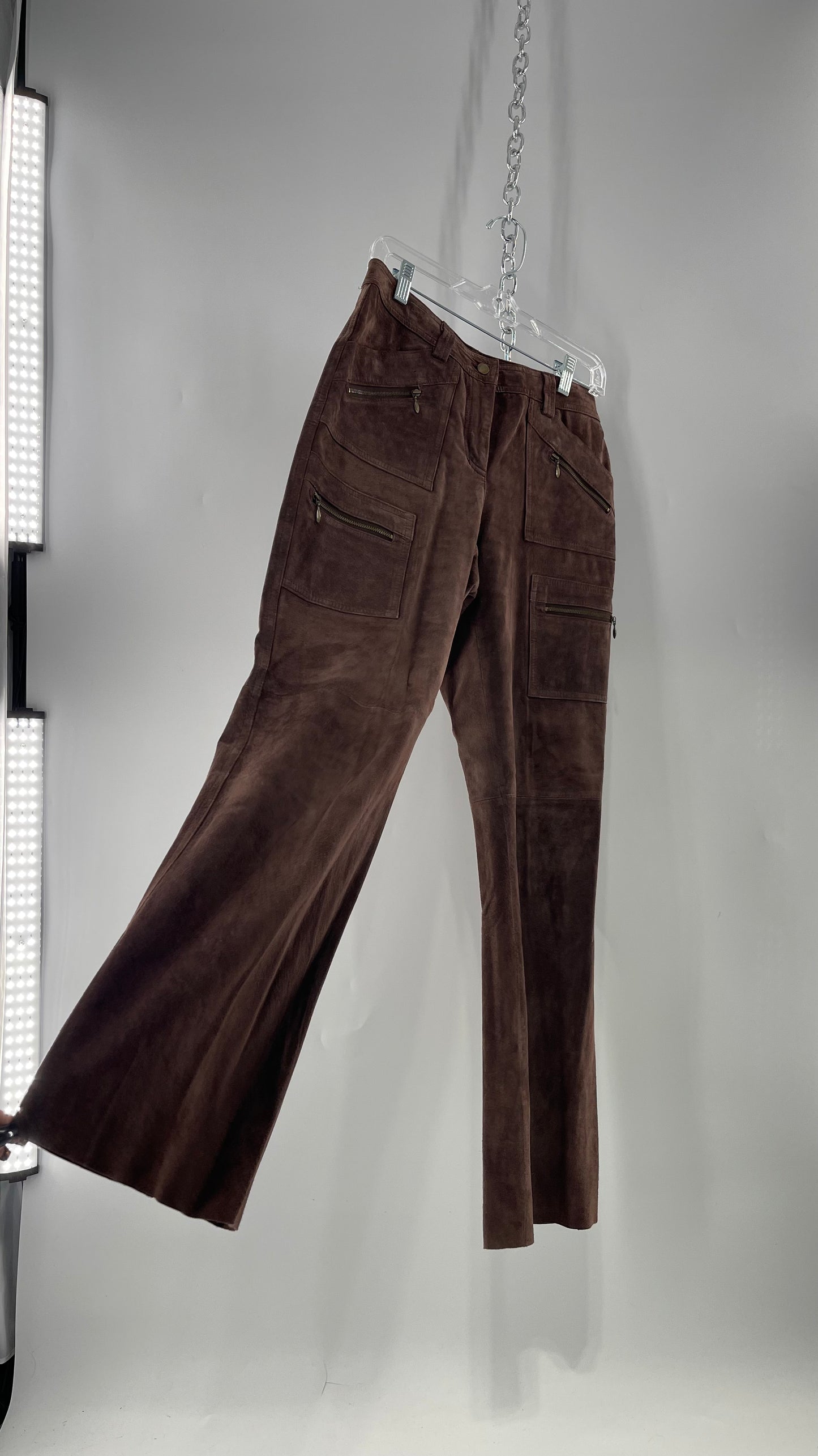 Vintage Context Petit Brown Suede Straight Leg Cargos with Pockets and Bronze Zippers (8P)