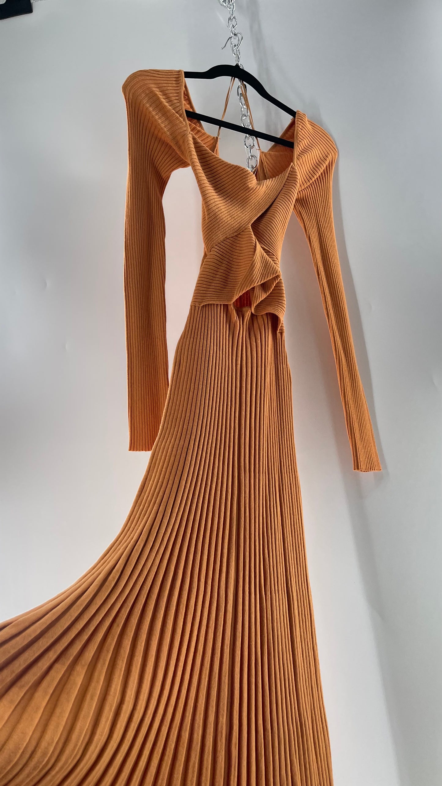 Free People Orange Knit Maxi Dress with Bandage Bust and Exposed Cut Out Midriff (Medium)