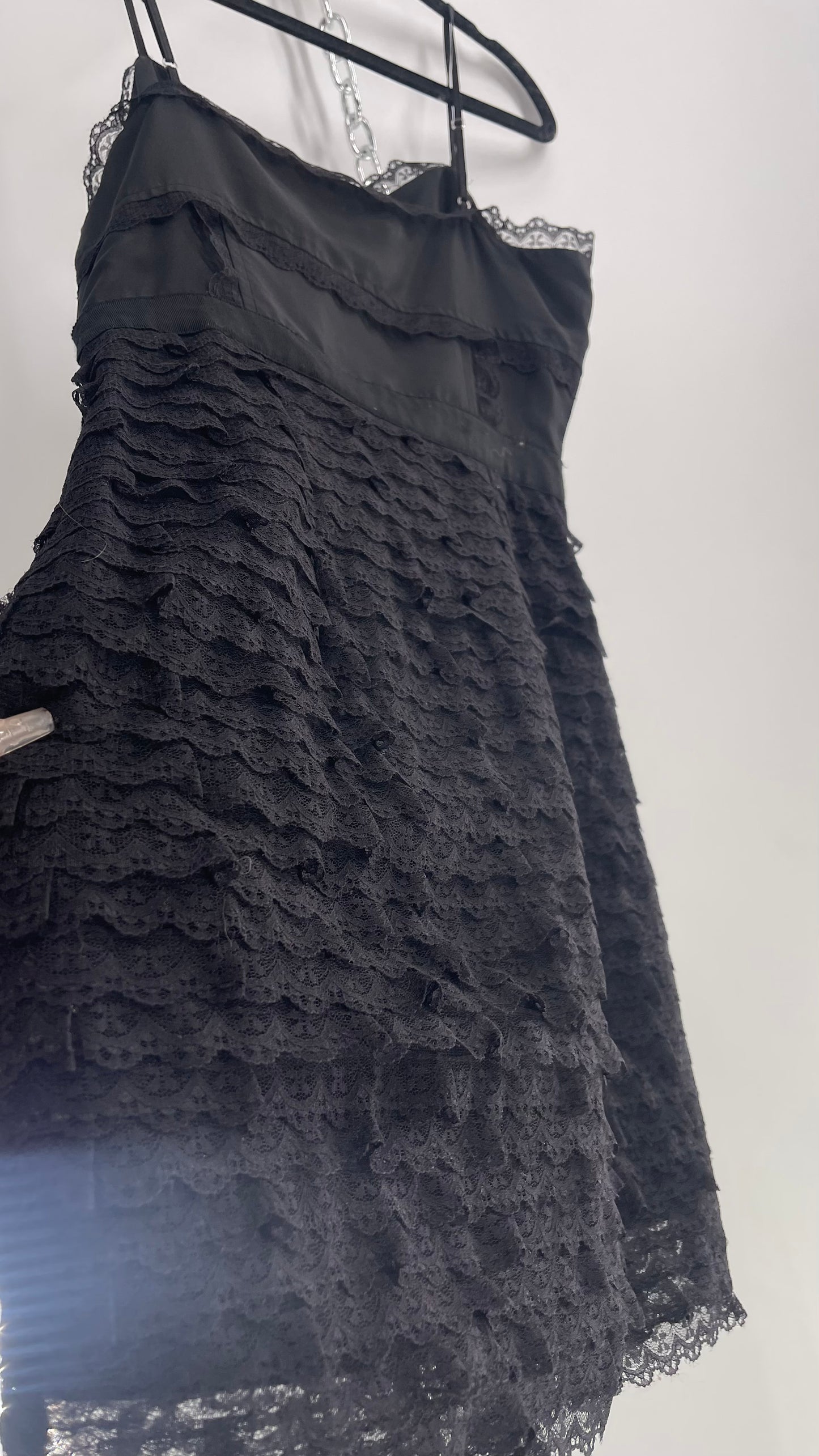 RED VALENTINO Black Corseted Style Ruffle Lace Hem Skirt Mini Dress