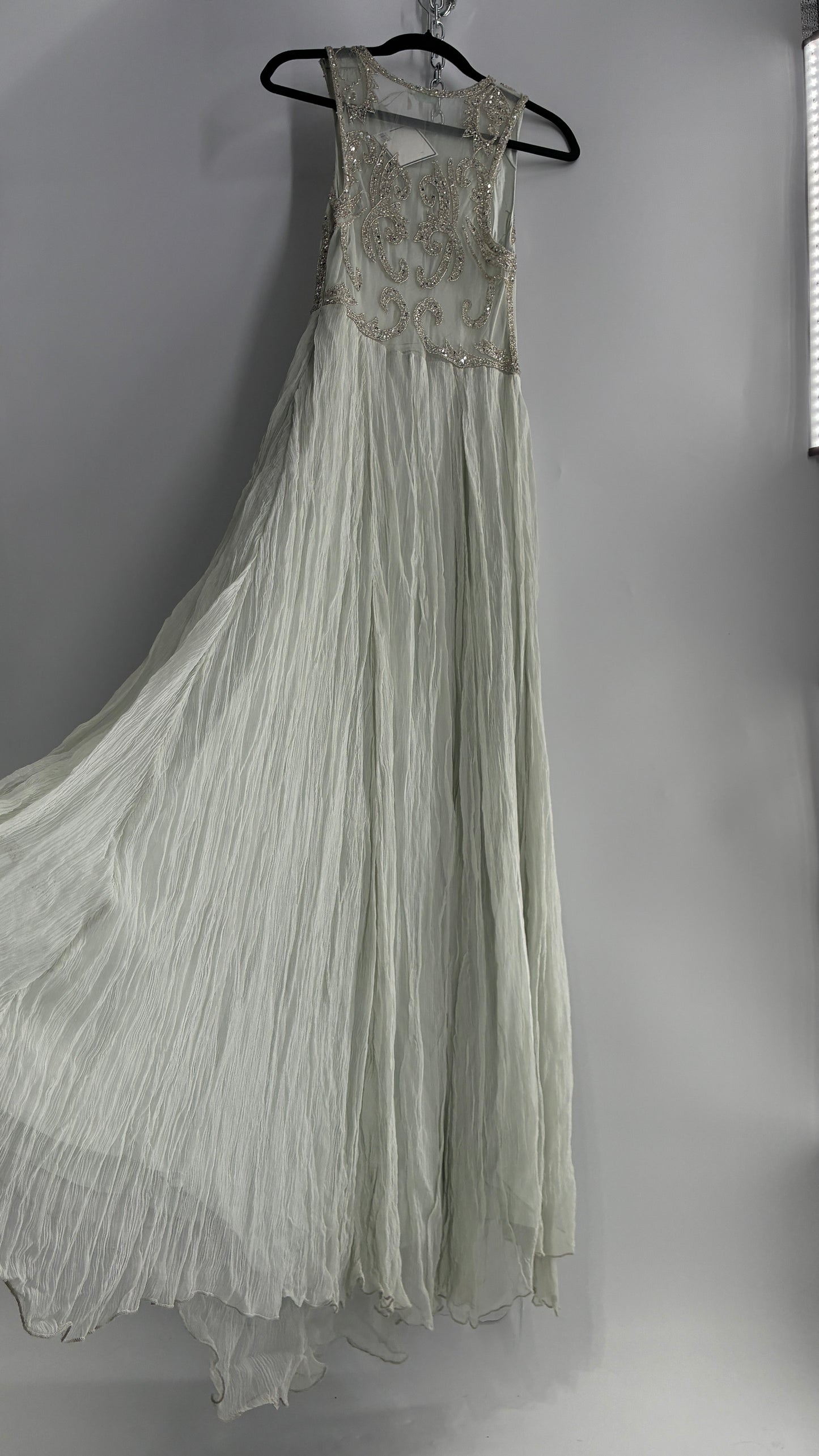 KIMCHI BLUE Light Greyish Seafoam Green Crimped Gown with Beaded Bodice and Sheer Back (2)