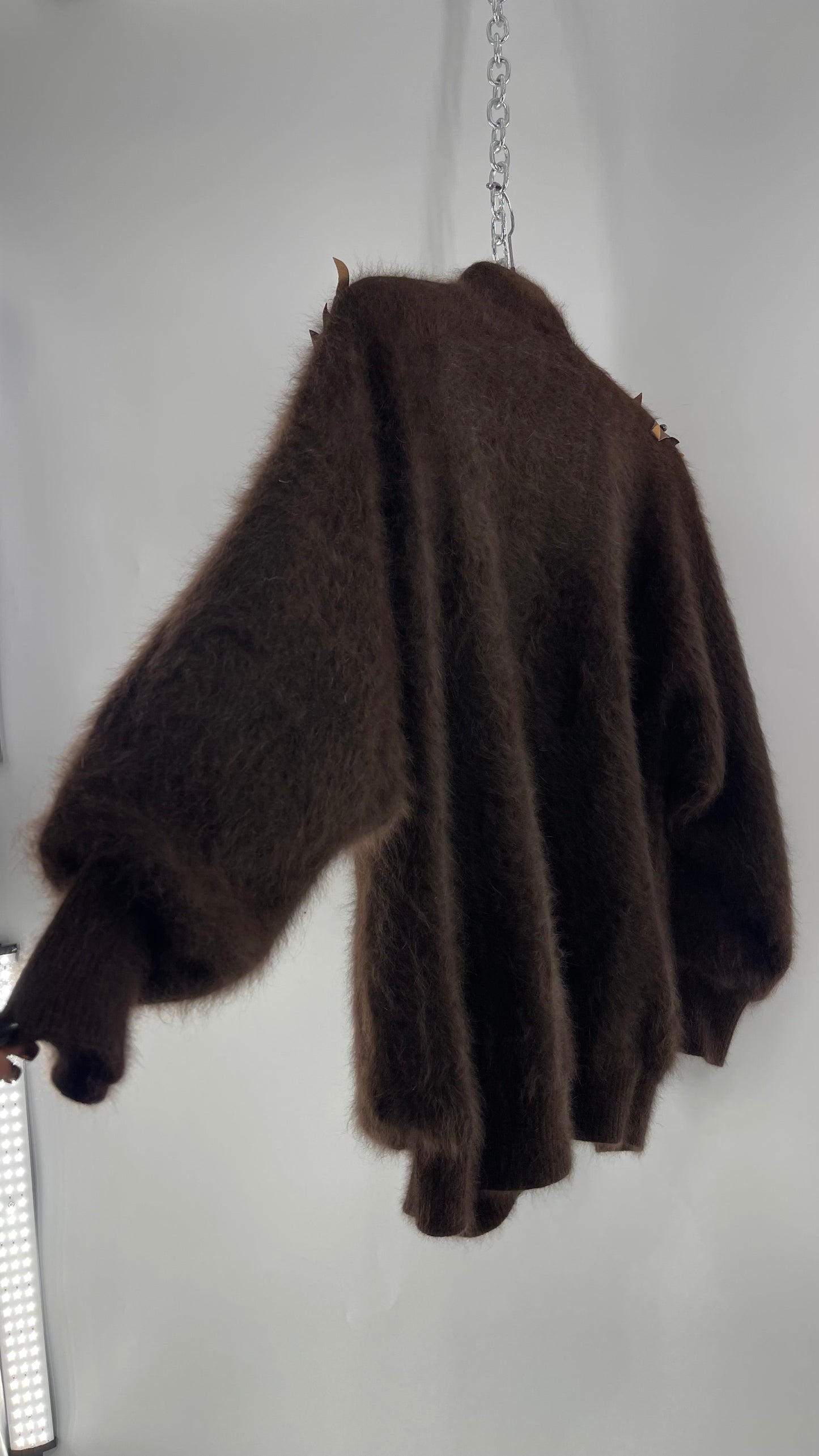 Liho Korean Vintage Brown Cardigan with Leather, Fur and Beaded Detailing 15% Wool 75% Angora  (C)(Medium)
