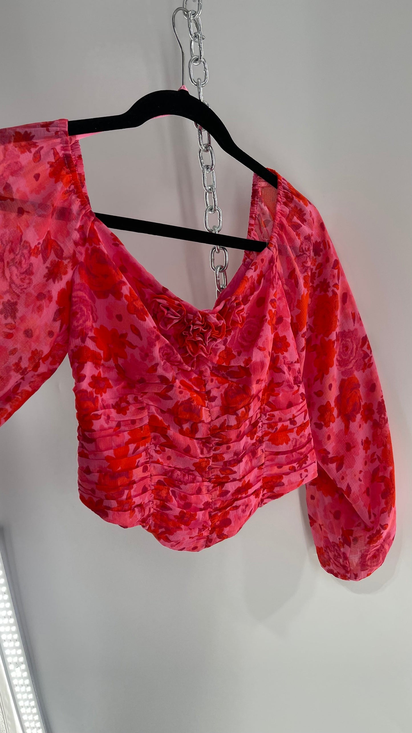 Free People Cropped Floral Blouse with Ruched Body, Balloon Sleeves and Appliqué Rosette Bustline with Tags Attached (XS)