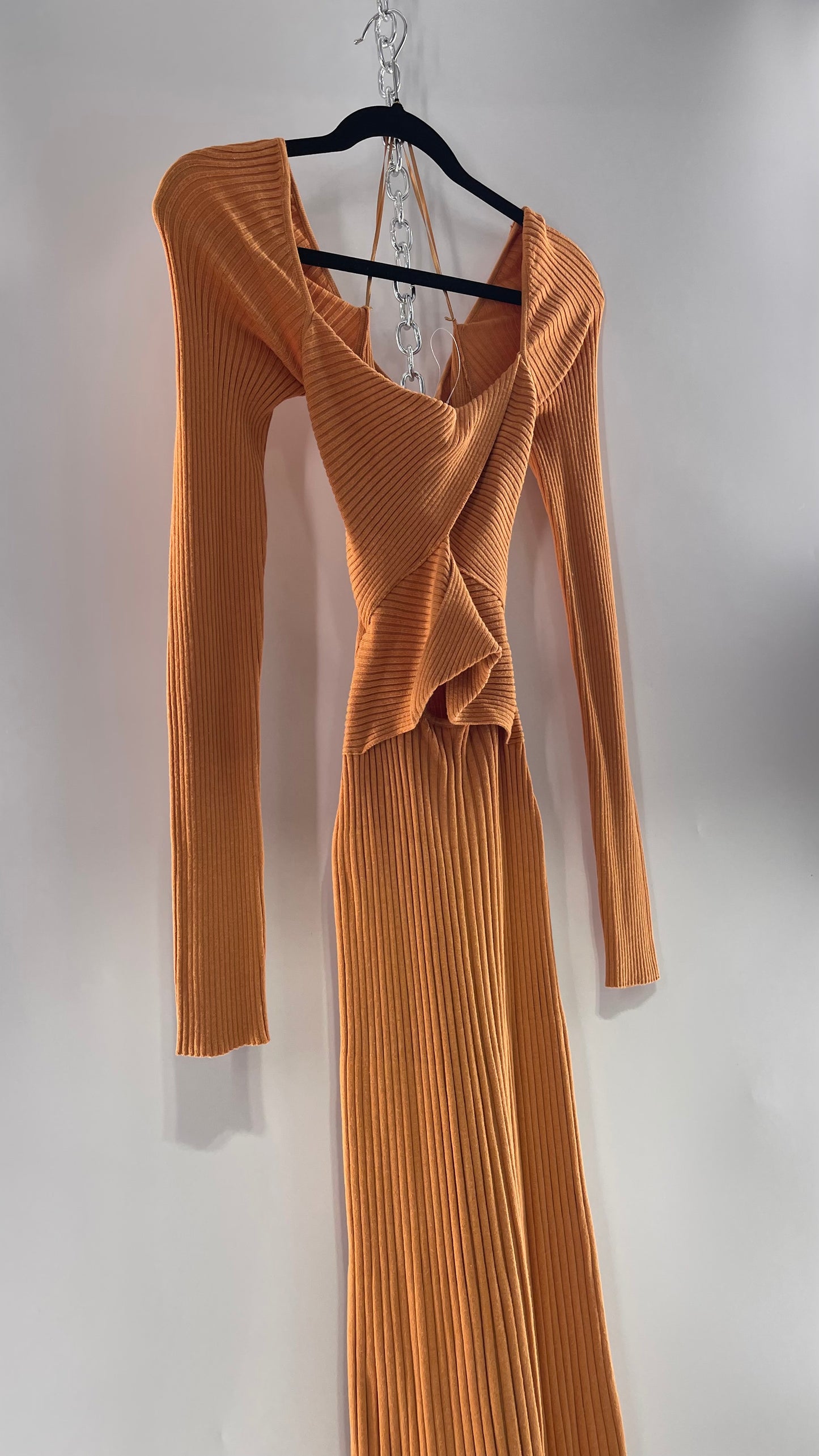 Free People Orange Ribbed Knit Maxi Dress with Cross Over Exposed Midriff Dress (Medium)