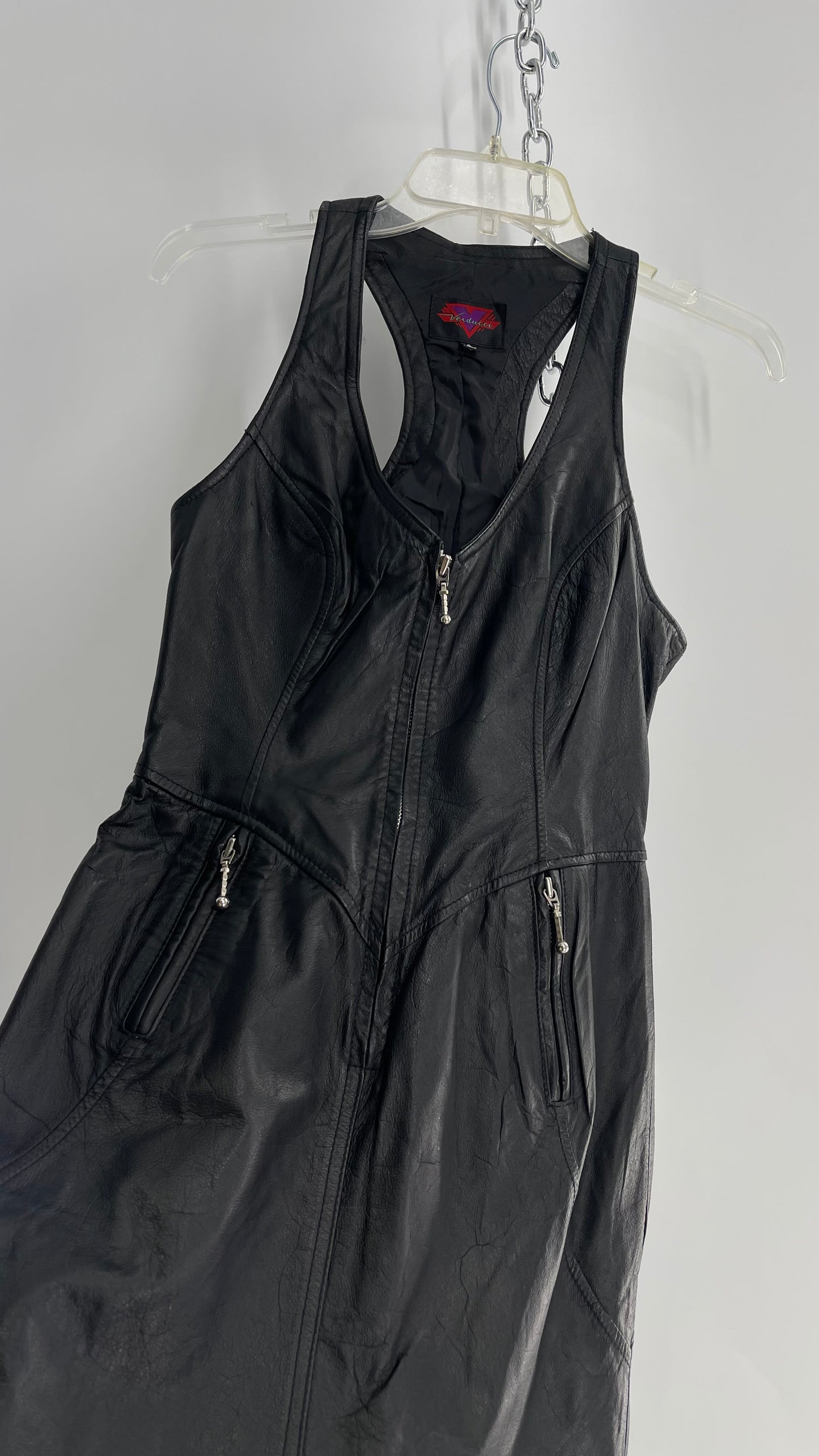 Vintage 1980s VERDUCCI Black Leather Zip Front Mini Dress (Small)