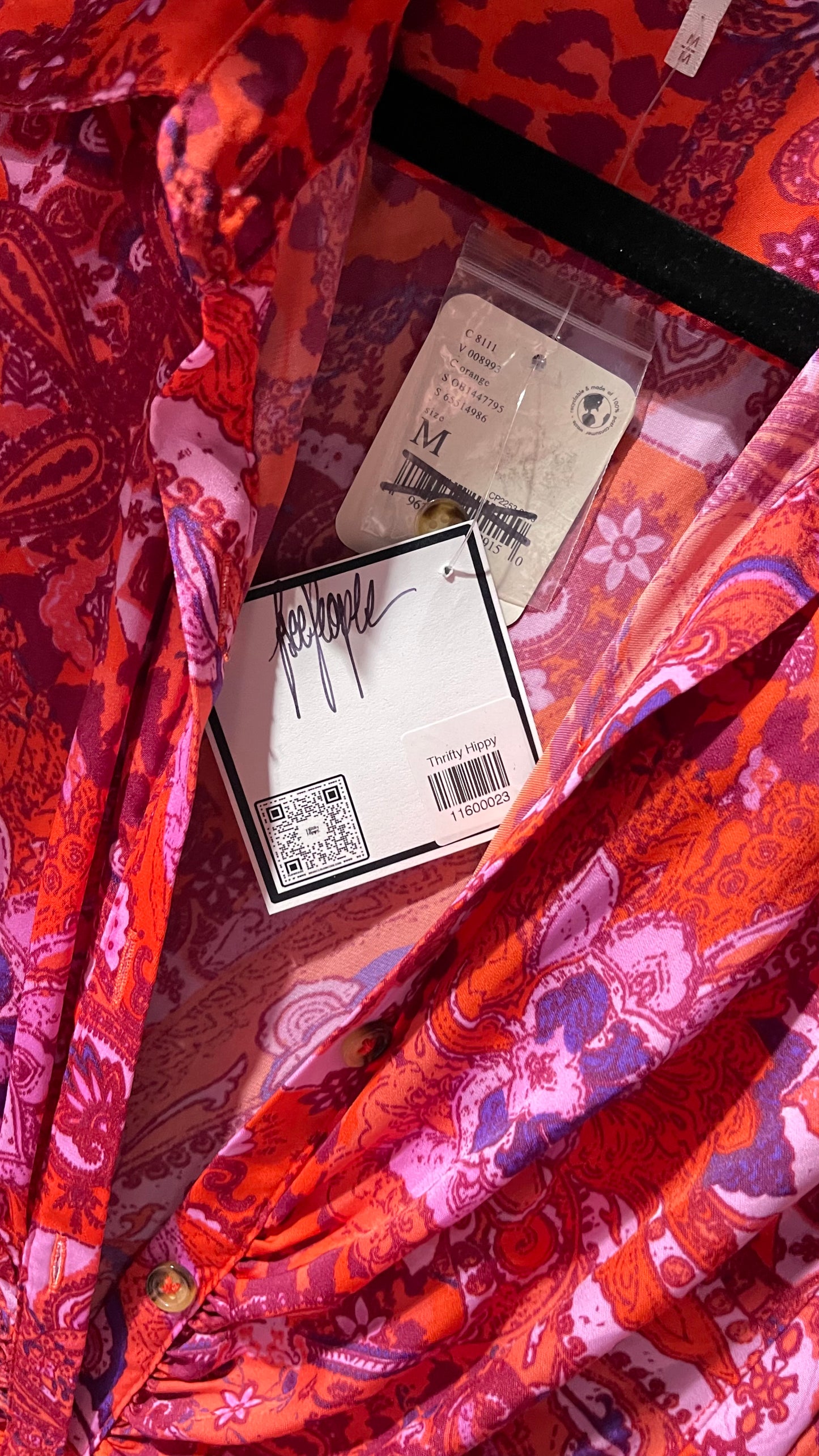 Free People Red, Neon Orange Leopard Paisley Patterned Button Front(Medium)