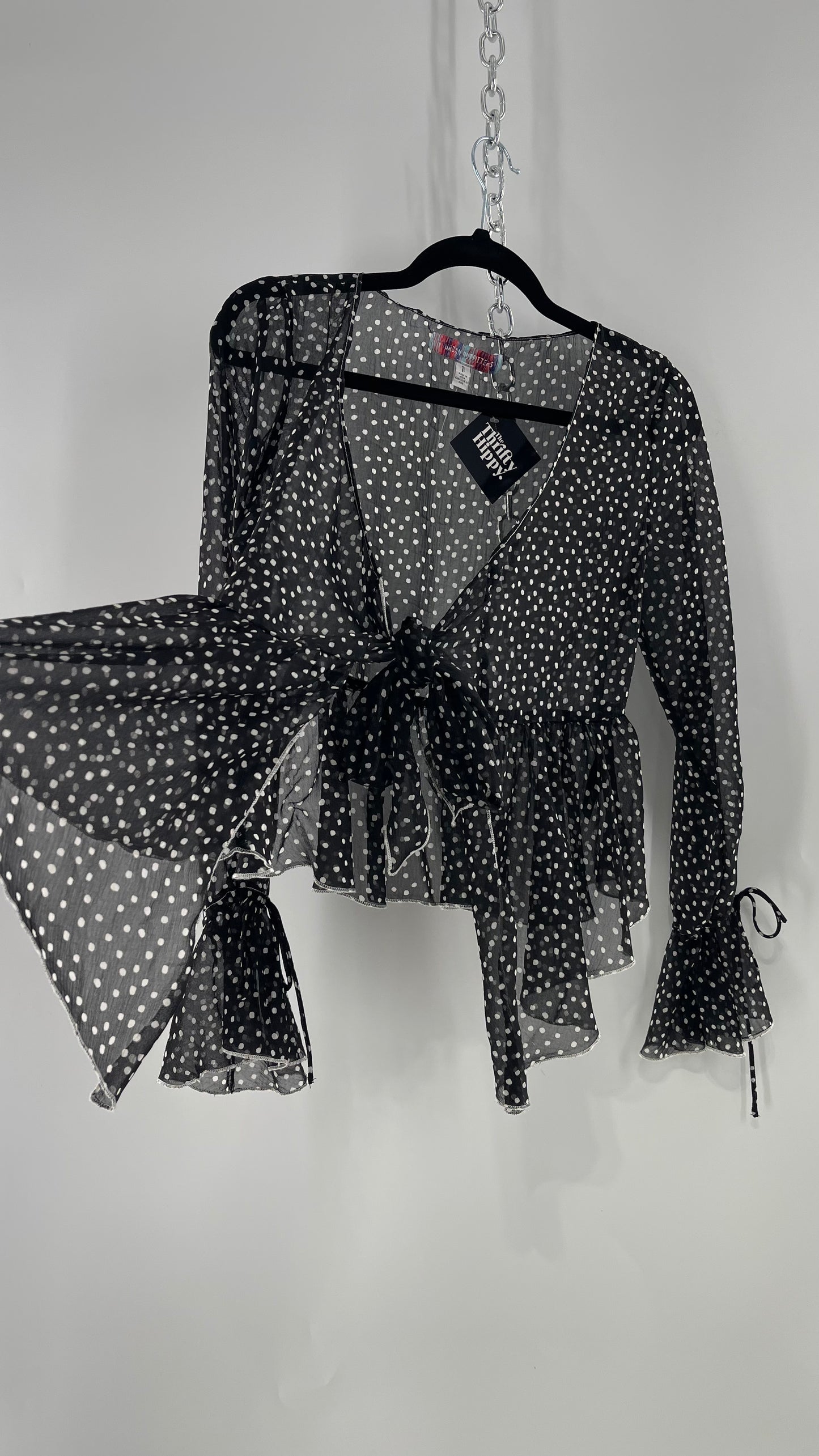 Urban Outfitters Black and White Polka Dot Tie Front Blouse with Tie Sleeve Detail (Small)