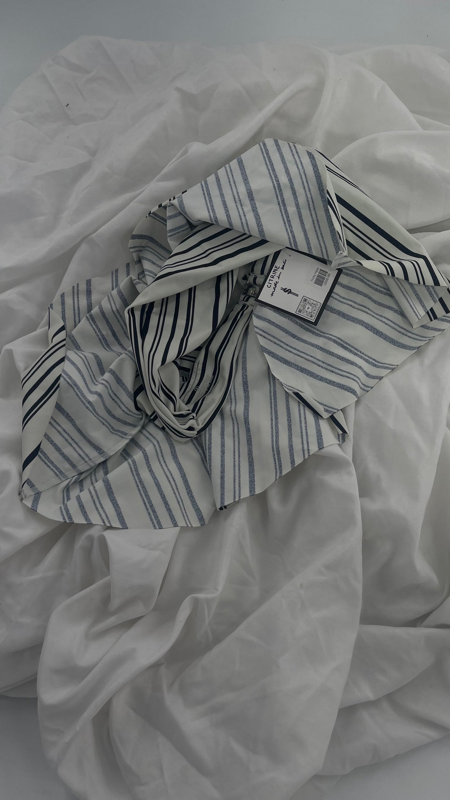 Anthropologie Citrine Made in Bali White/Black Striped Bandeau Swim Top with Ruffle (Small)