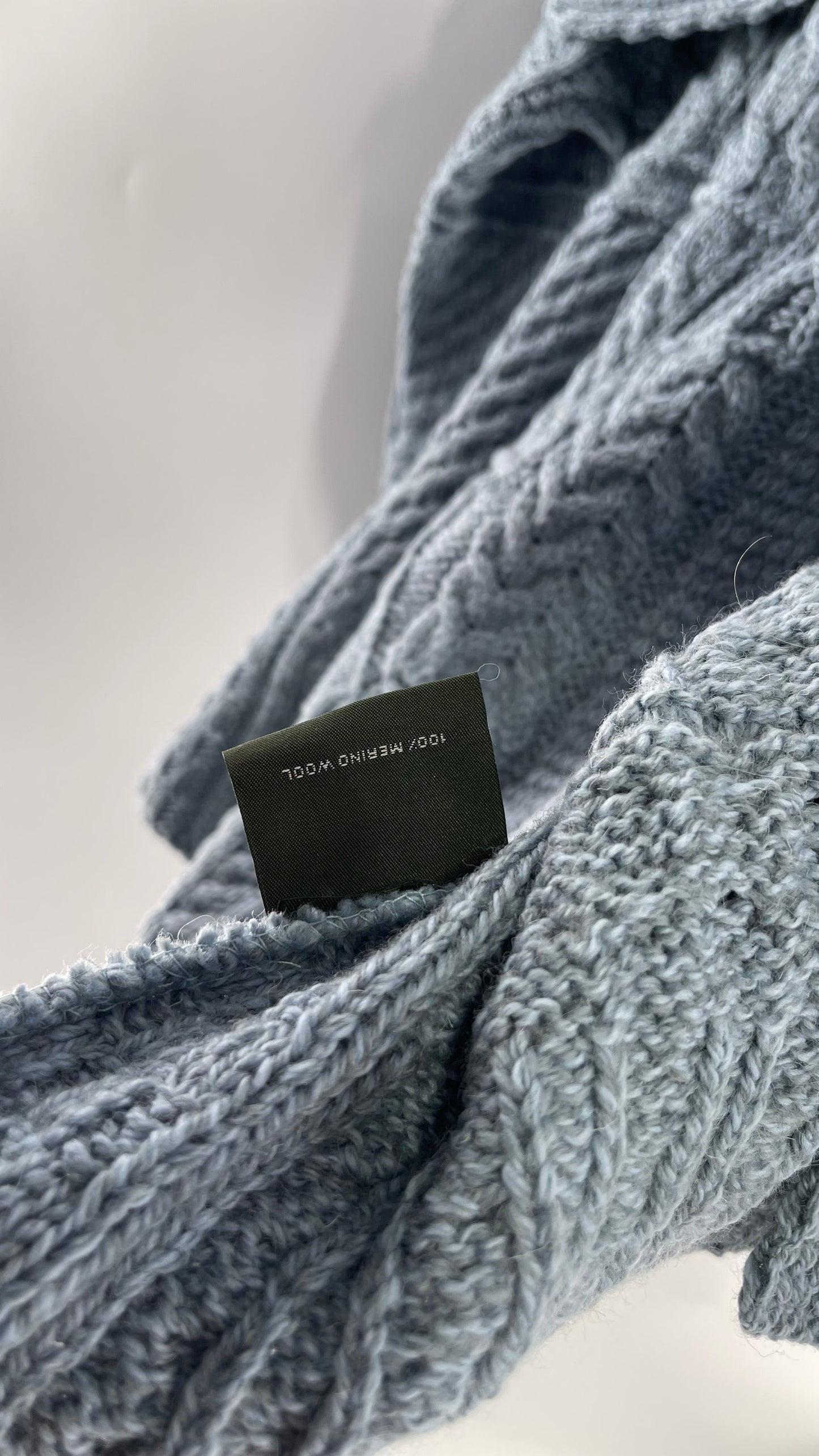 Authentic Irish Aran Sweater Market Slate Blue Aran Stitch Sweater with Oversized Wooden Button Detail and Certificate of Authenticity (Small)