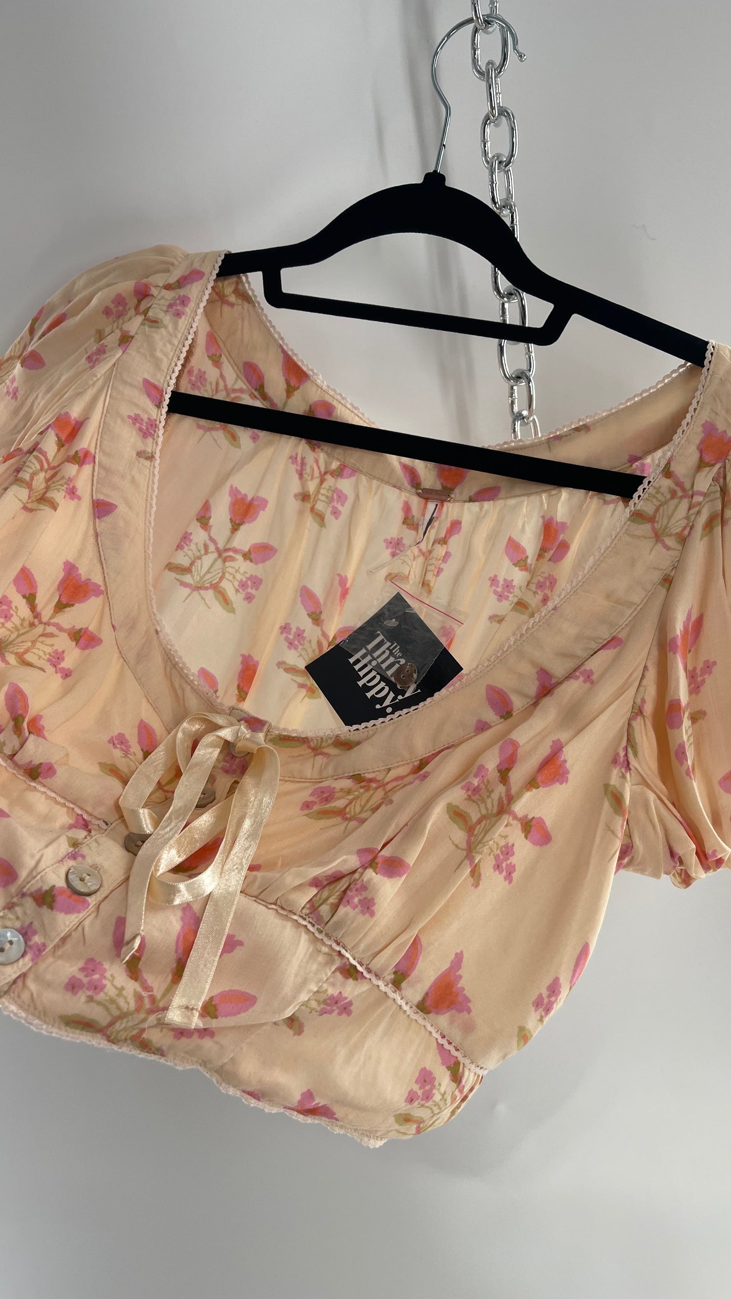Free People Baby Pink Bustier Cropped Short Sleeve Top with Milkmaid Bustline, Floral Pattern and Ribbon Bow Detail (Large)