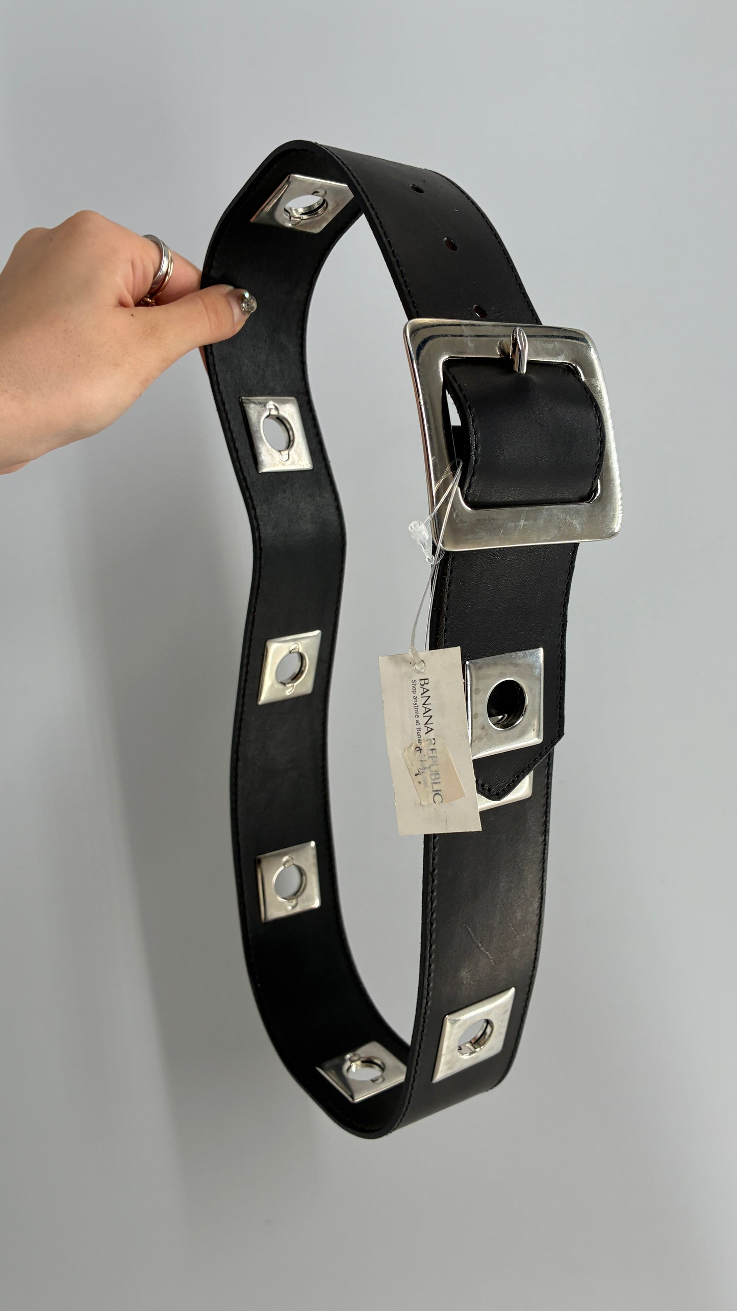 BANANA REPUBLIC Black Thick Leather Belt with Heavy Metal Details, Exaggerated Buckle, and Tags Attached (Small)