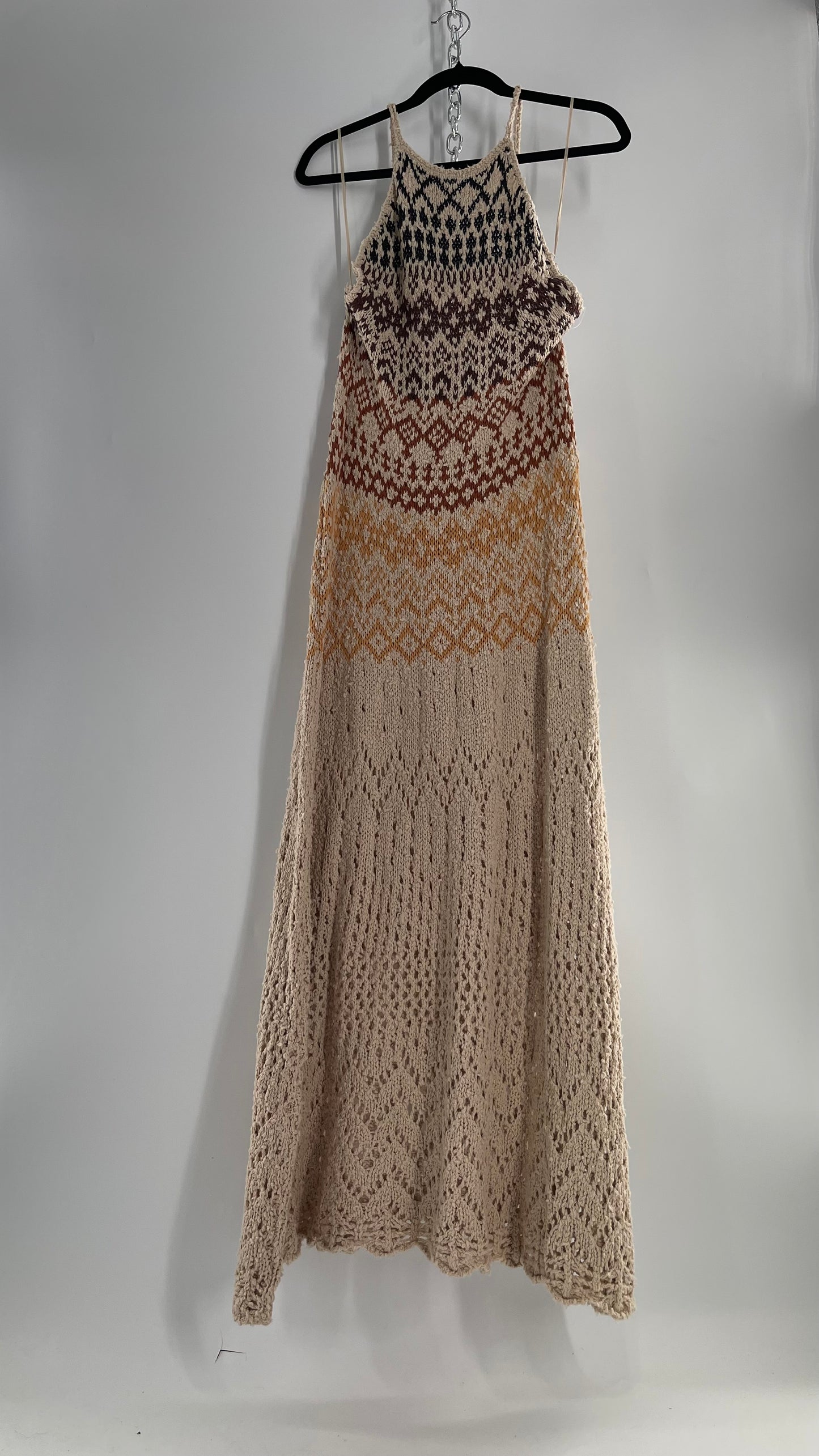 Free People Beige Ikat Oasis Knit Halter Maxi Dress (Small)