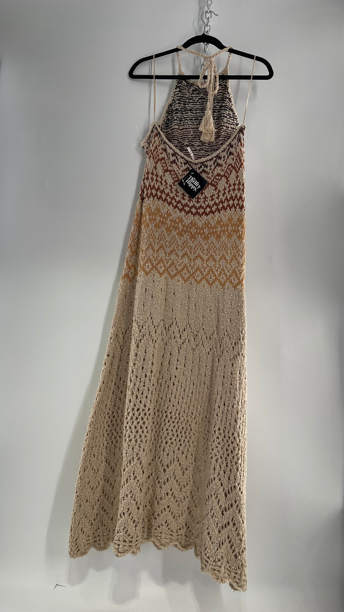 Free People Beige Ikat Oasis Knit Halter Maxi Dress (Small)