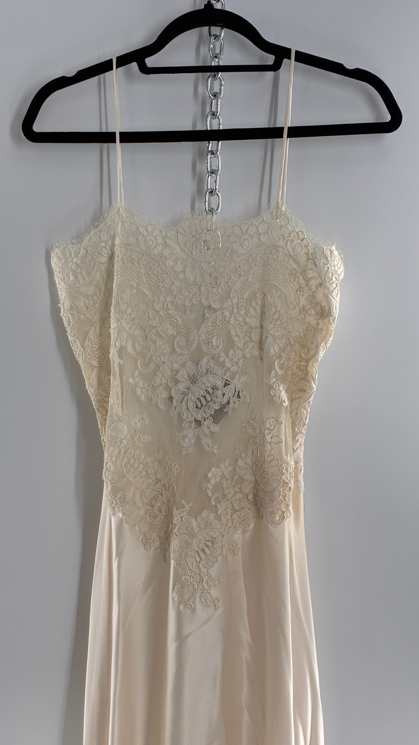 Vintage JONQUIL 100% Silk Gown with Heavy Lace Appliqués and Low Cut Sheer Back (Medium)