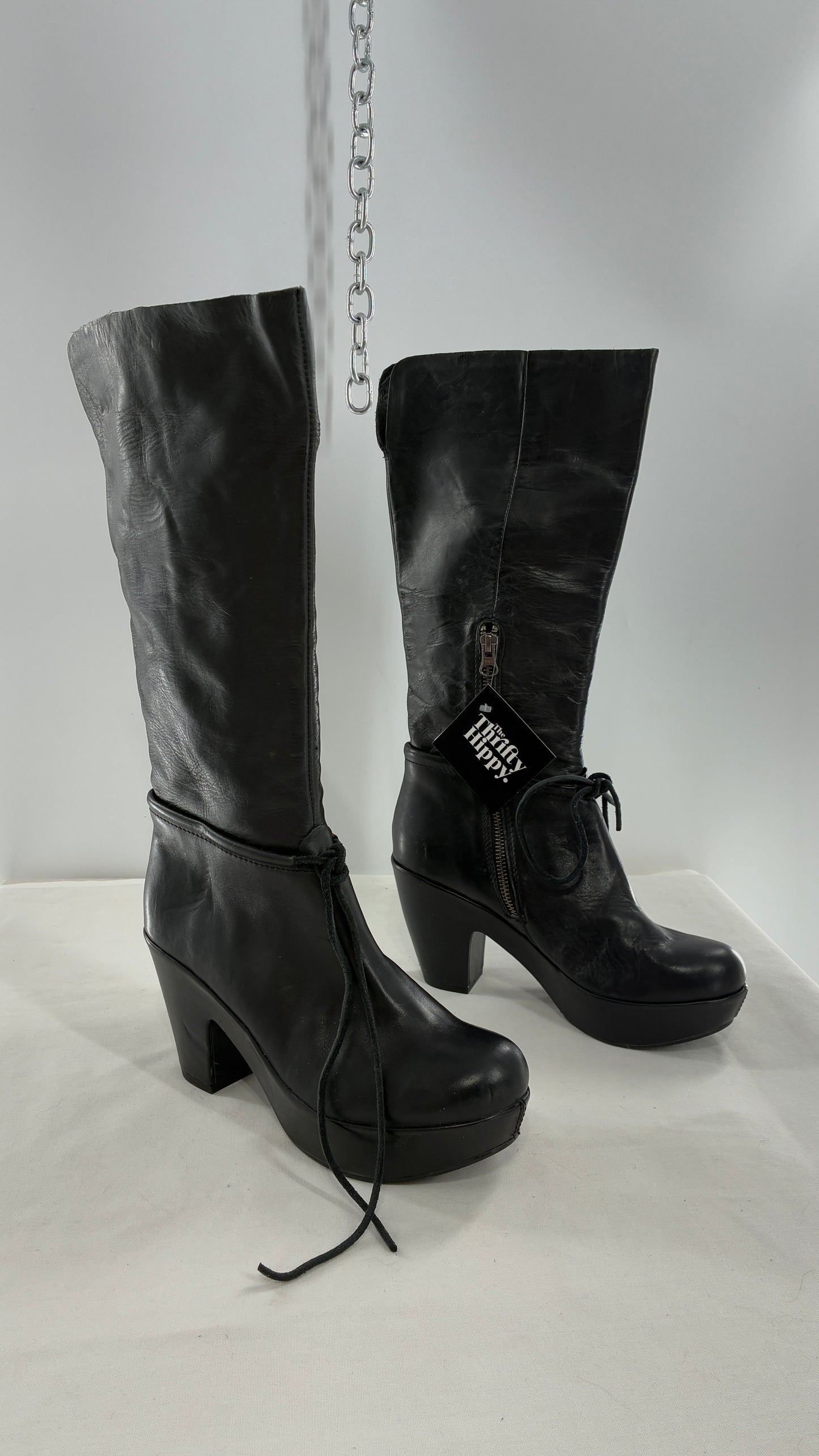 Vintage KORK EASE Black Genuine Leather Platform Clog, Knee High Boots (8/39)