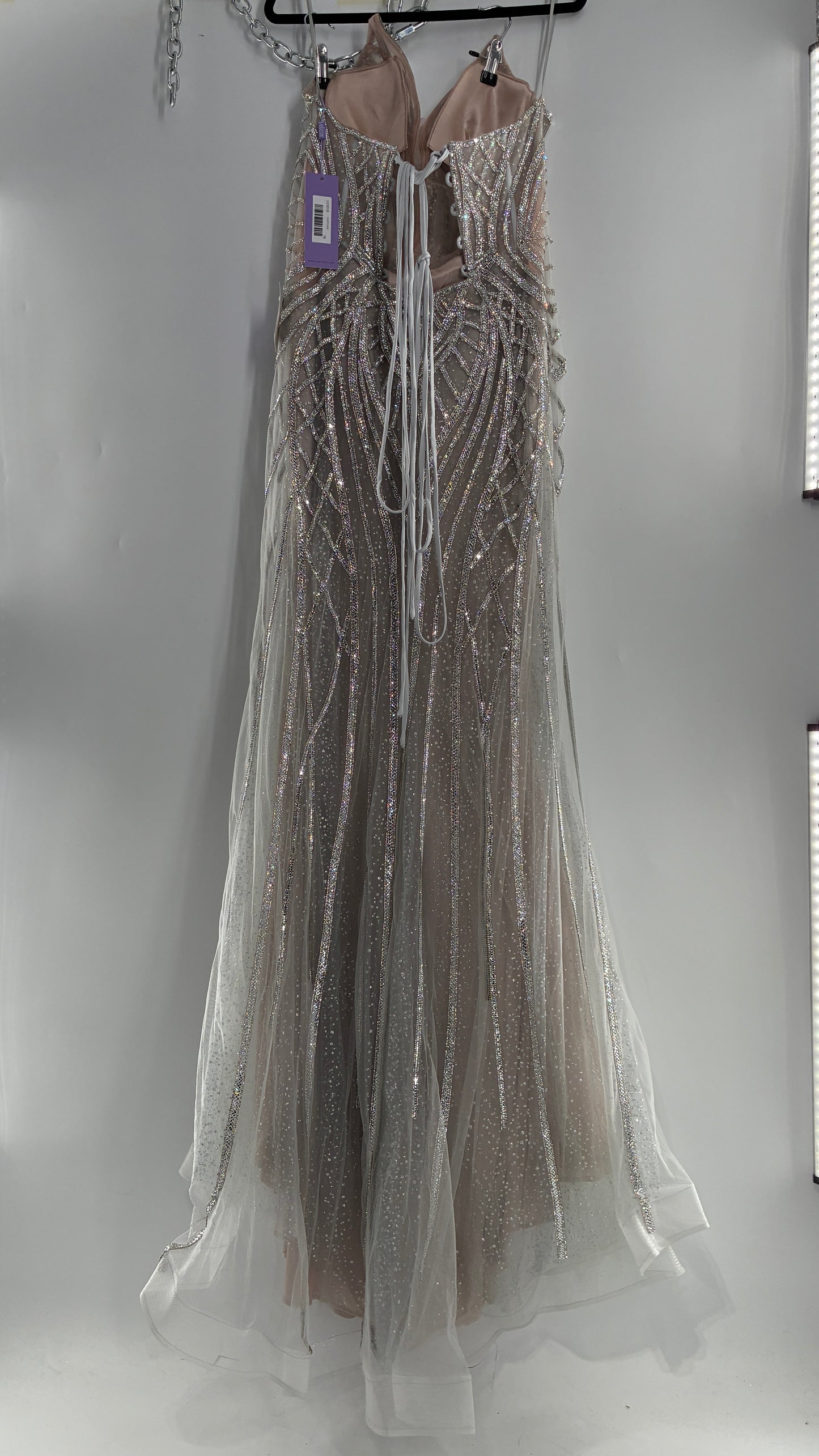 NWT LADIVINE by Cinderella Divine Silver Nude CC6018 Mermaid Corseted Gown with Multiple Layers of Tulle, Covered in Crystal Strips (16)