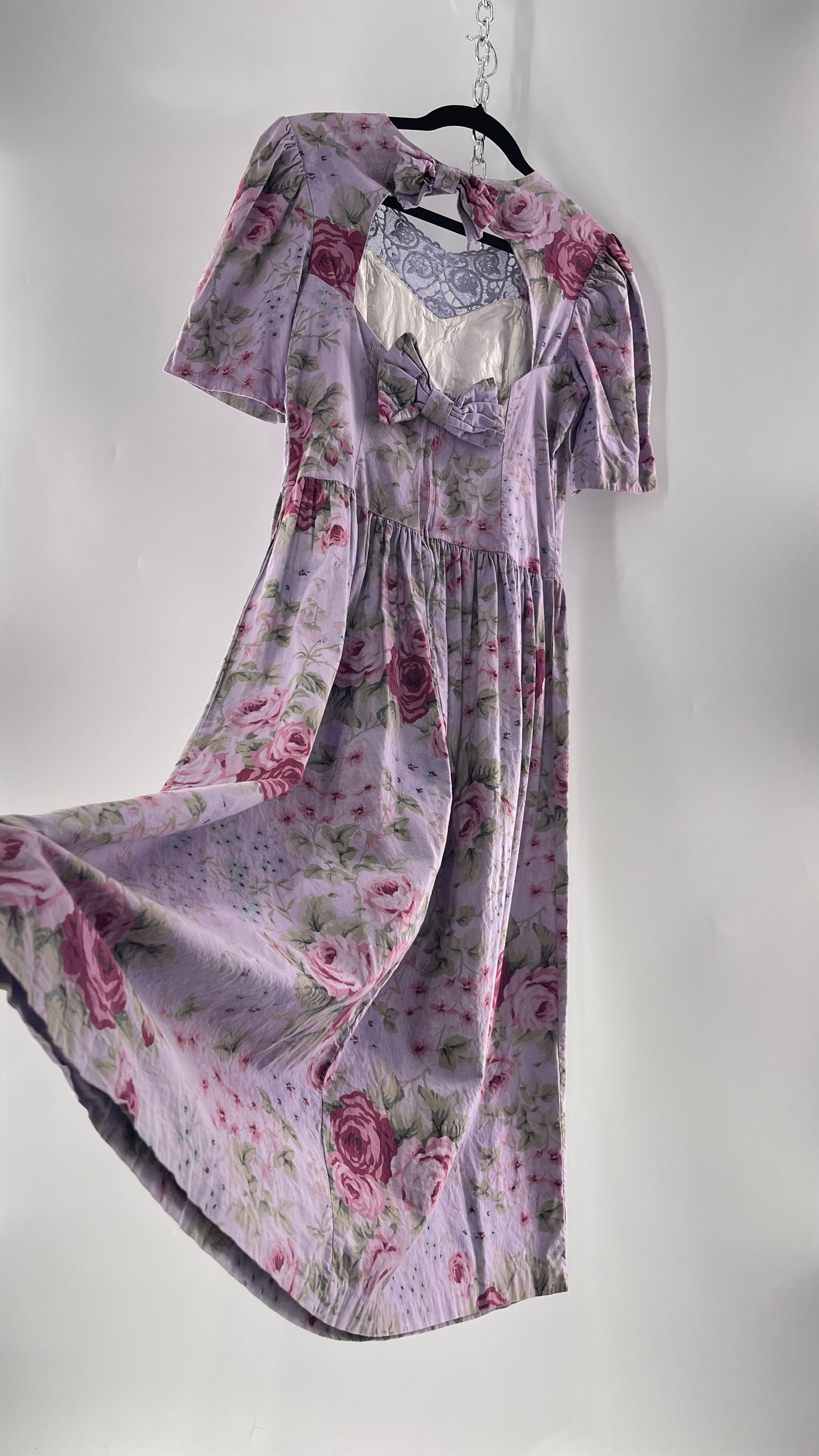 Vintage Urban Renewal Reworked and Upcycled Misty Lane Lilac/Lavender Floral Fit/Flare Dress with Sweetheart Neckline, Lace Detail and Bow Adorned Open Back (11/12)
