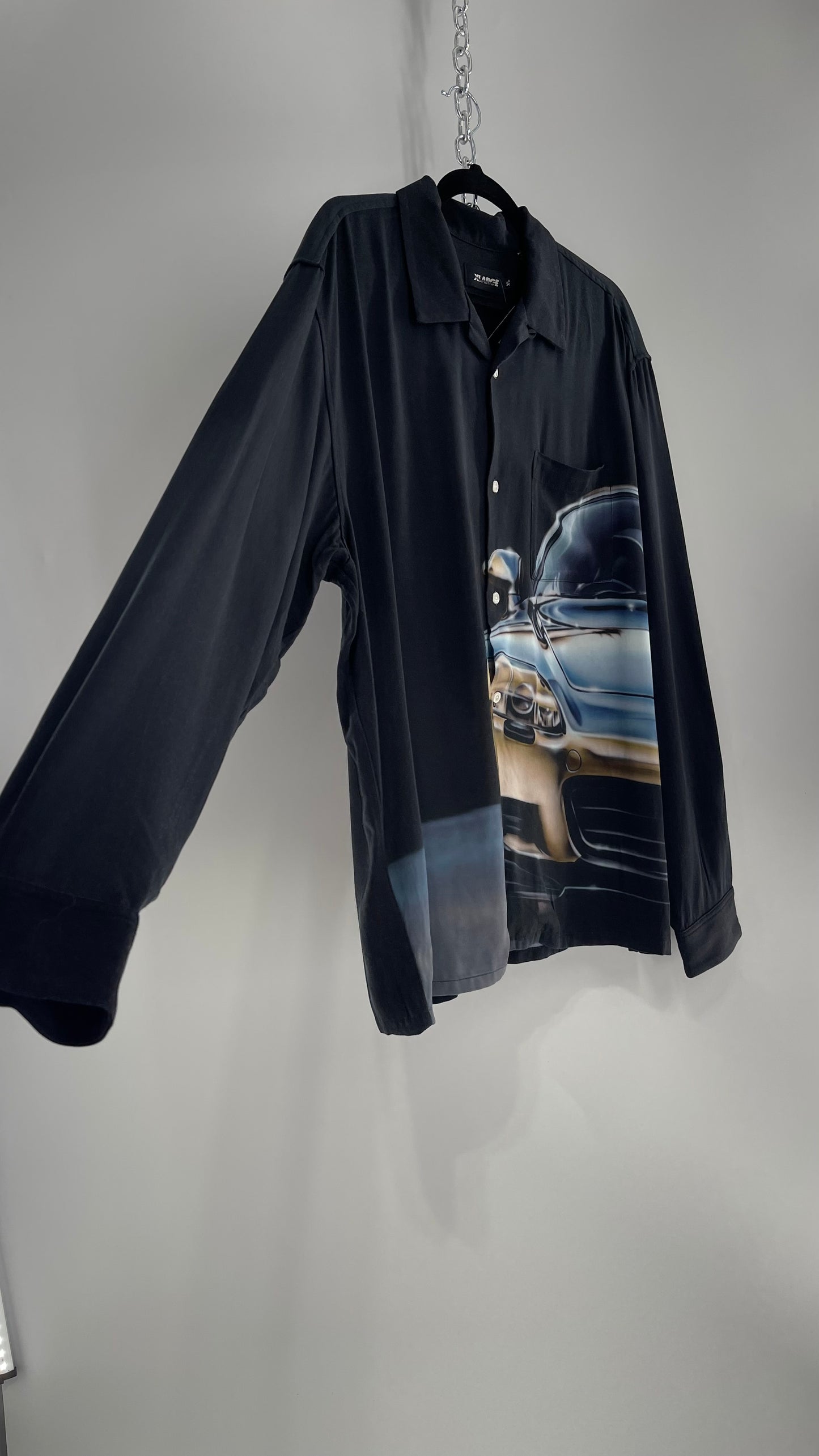 XLARGE Black 100% Rayon Men’s Button Up with HD Futuristic Car Graphic (XL)