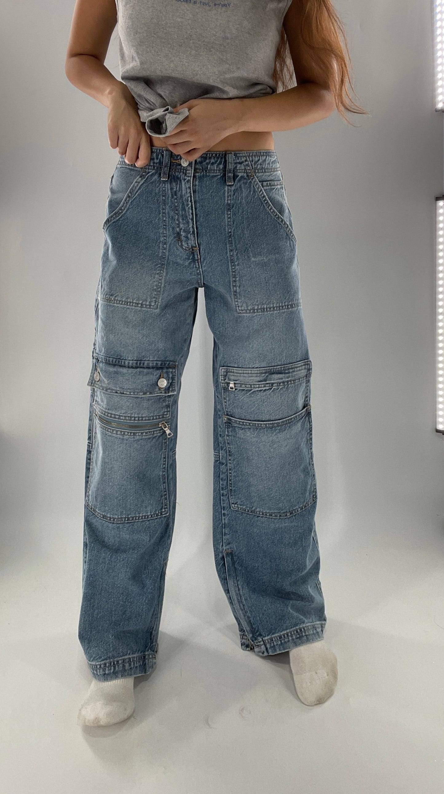 Free People Wide Leg Cargo Jeans Covered in Pockets, Zippers and stitching (27)