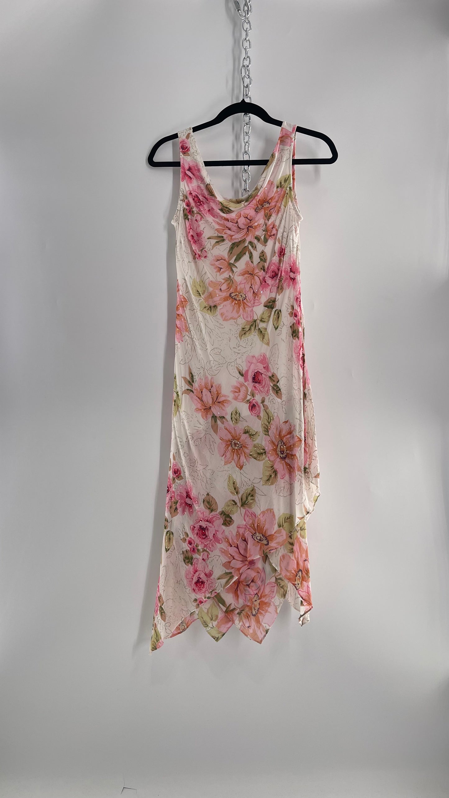 Vintage Eva Blue Pink Floral Draped Neck Sleeveless MIDI with Beading (10)