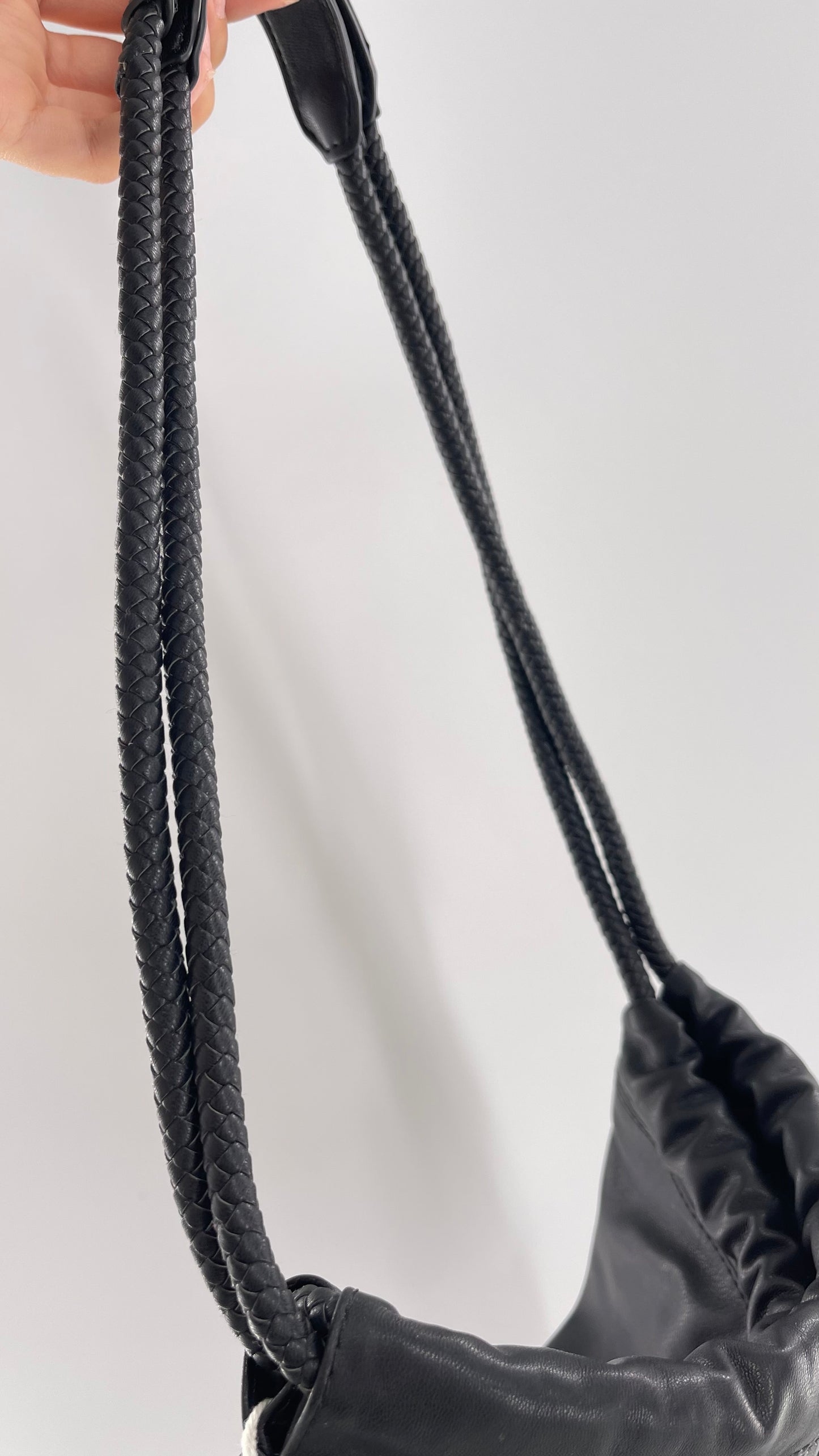 Urban Outfitters Black Adjustable Bucket Tank Vegan Leather Bag with Braided Handles