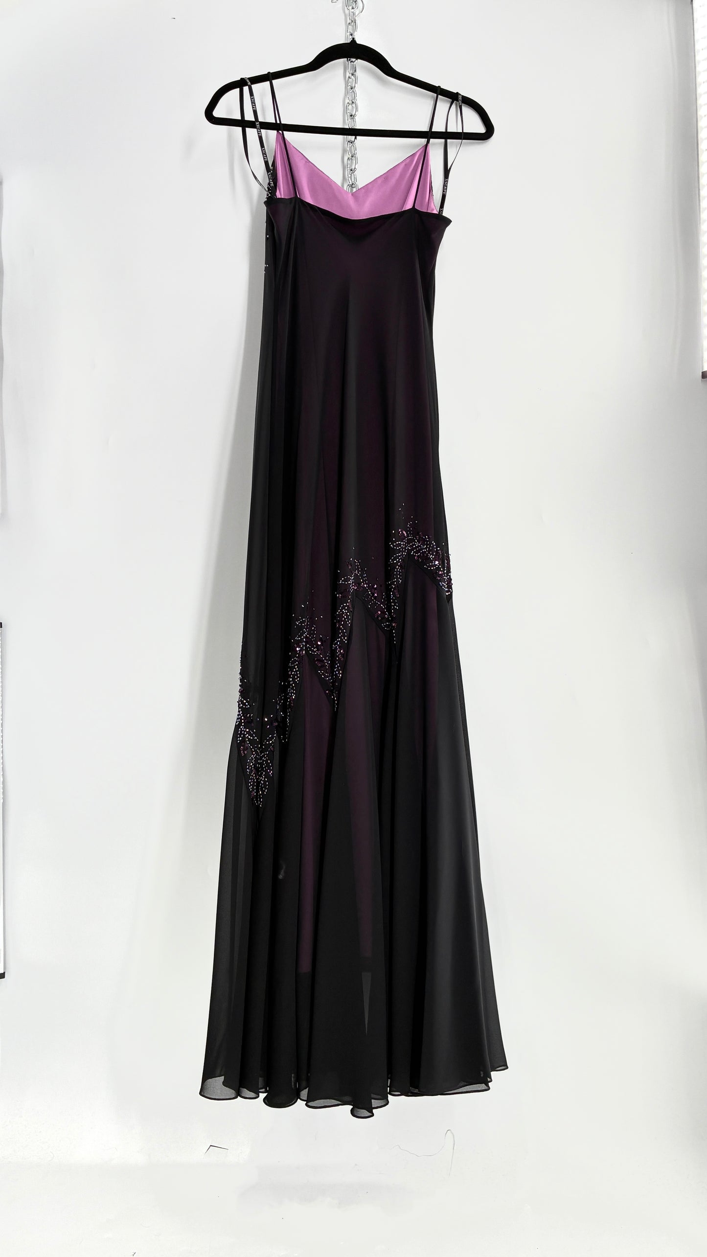 Vintage XSCAPE Full Length Black Beaded Gown with Purple Underlay (4)