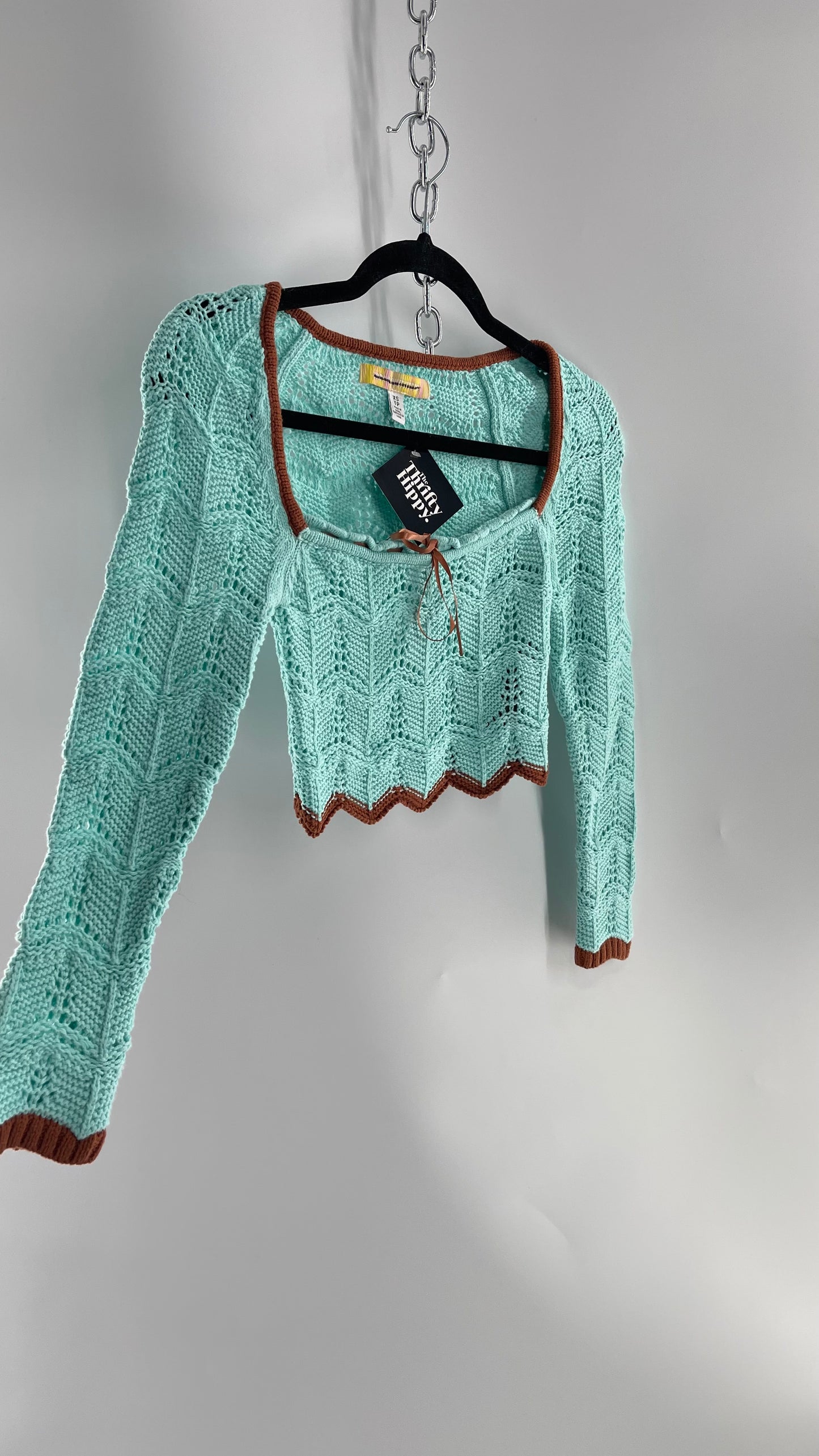 Urban Outfitters Baby Blue Cropped Knit Top with Brown Piping and Ribbon Neckline (XS)