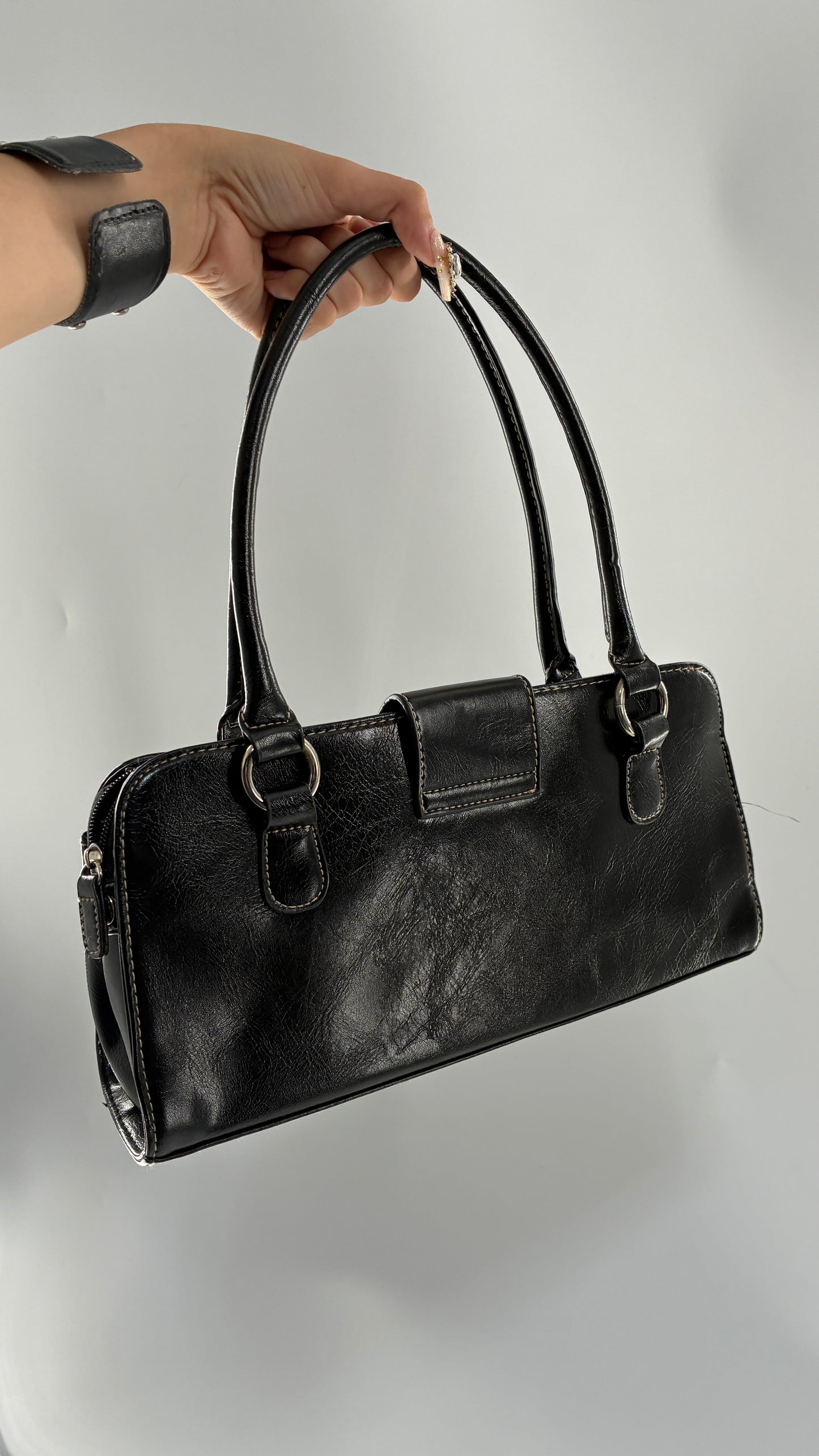 Deadstock Vintage MINICCI Black Shoulder Bag With Silver Hardware, Exaggerated Stitching