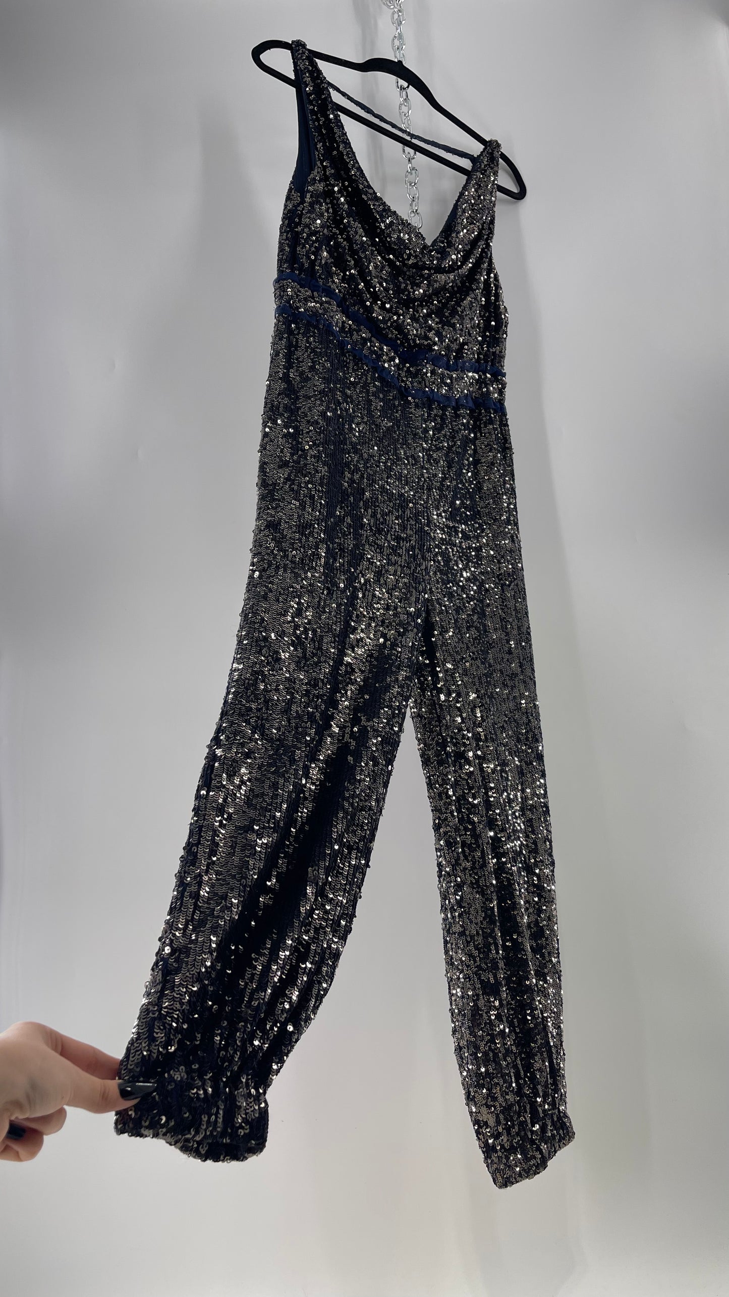 Free People Navy Sequin Jumpsuit (S)