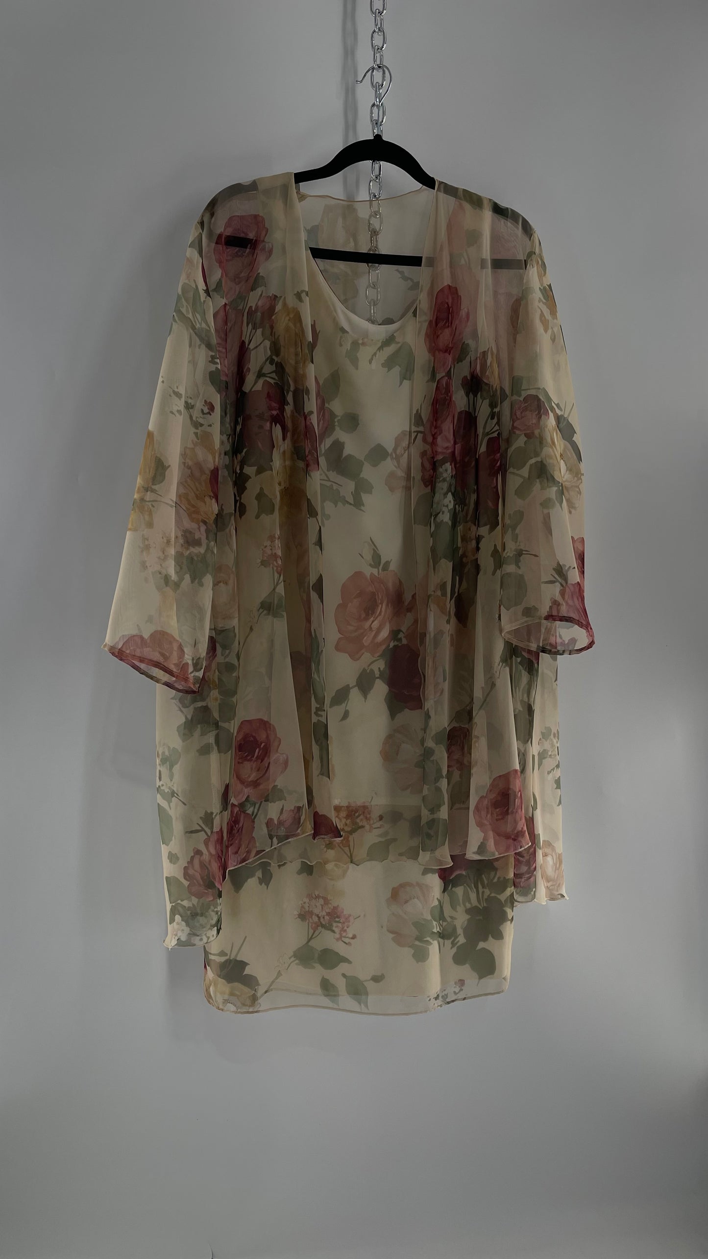 1990s Vintage Off White Muted Florals Dress + Cape Set (16)