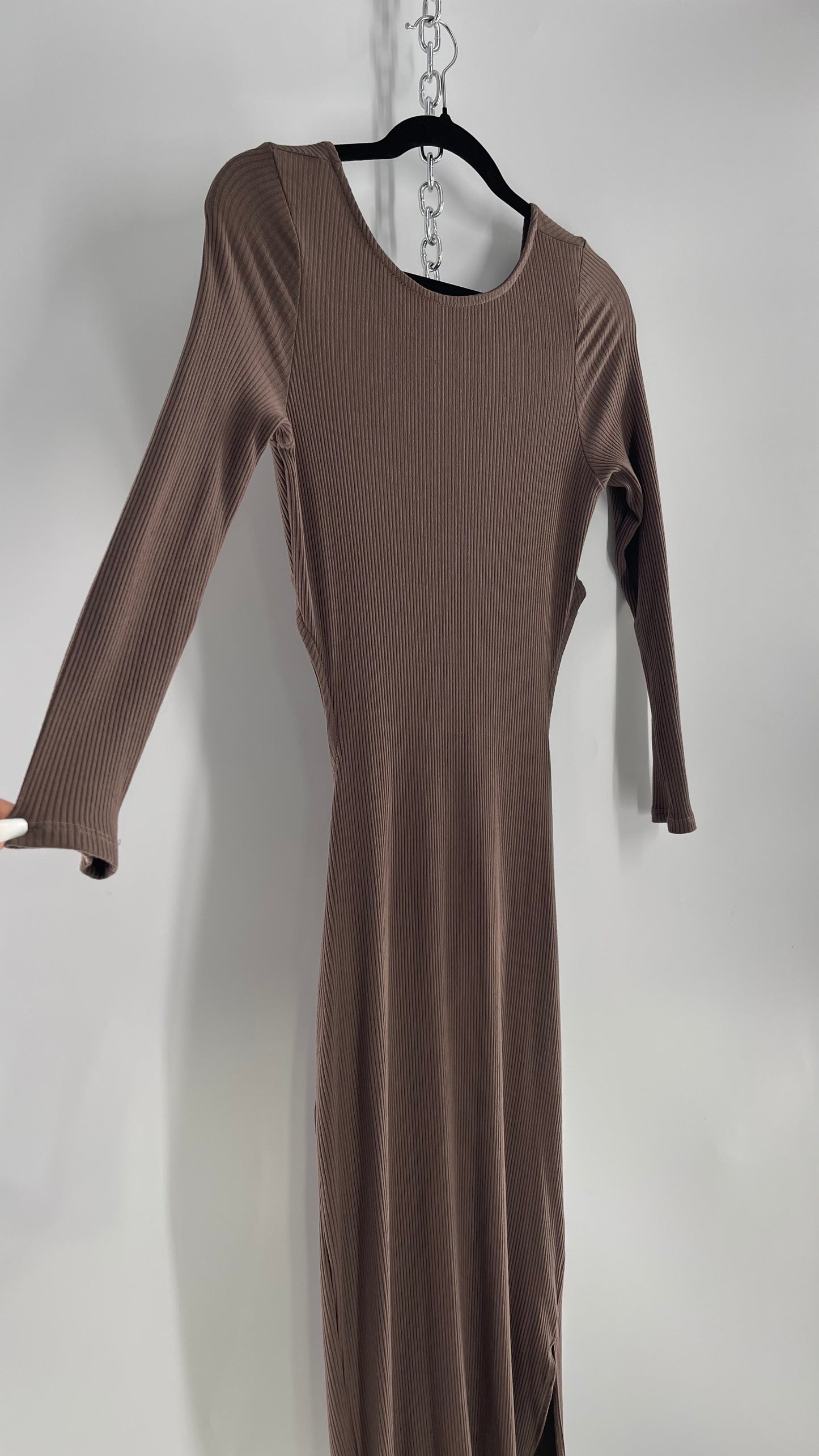 Free People Brown Ribbed Maxi Dress with Low Open Back and Dramatic Tie Detail (Large)