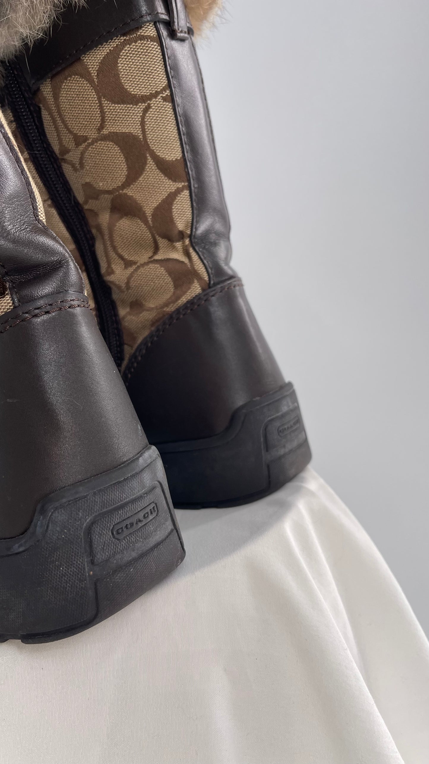Coach Vintage Kimberly Brown Leather Quilted Monogram Rabbit Fur Trim Boot with Ankle Pouches (8.5)