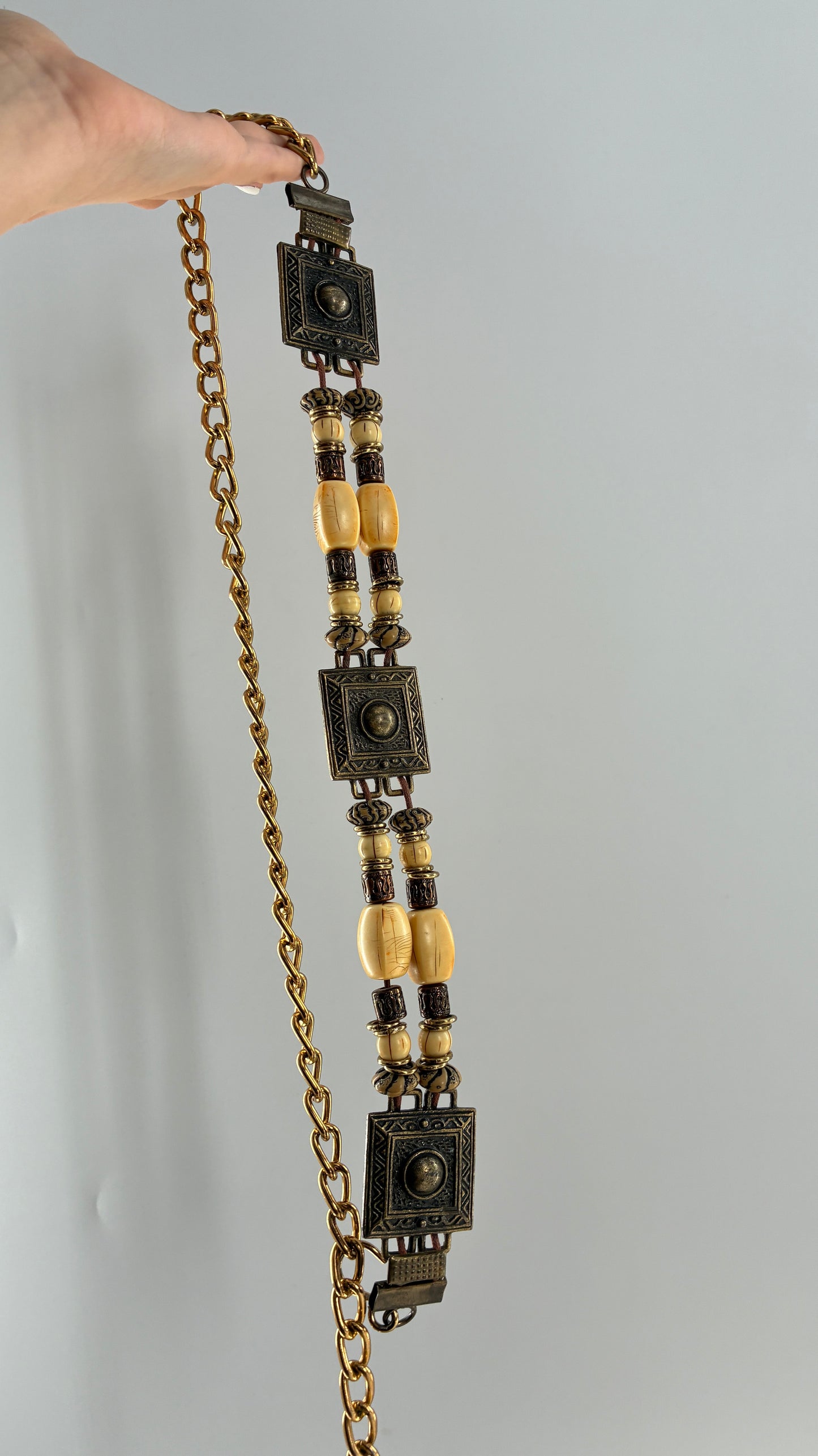 Vintage Beaded Chain Belt with Metal Square Medallions
