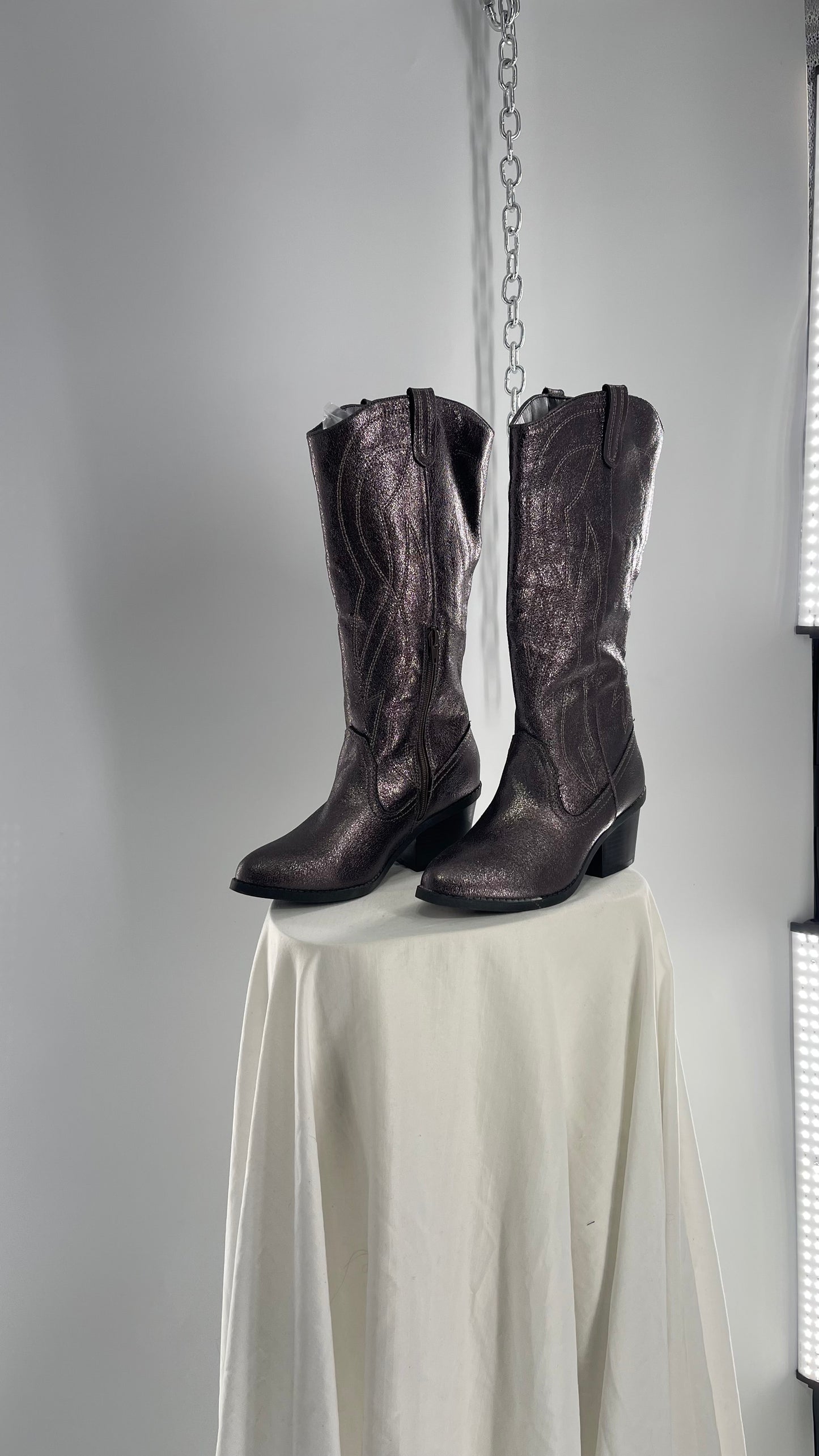 Vintage POP Metallic Silver Knee High Cowgirl Boots with Pointed Toe (6)