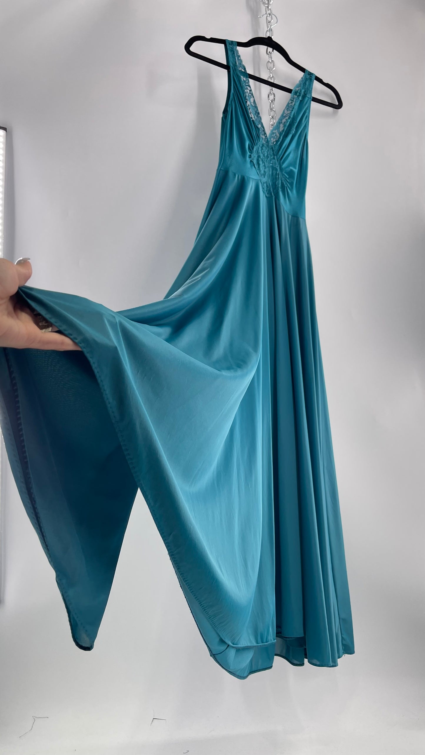 Vintage Olga Intimates Floor Length Voluminous Blue Jewel Toned Maxi Dress/Night Gown with Lace Bust (Small)