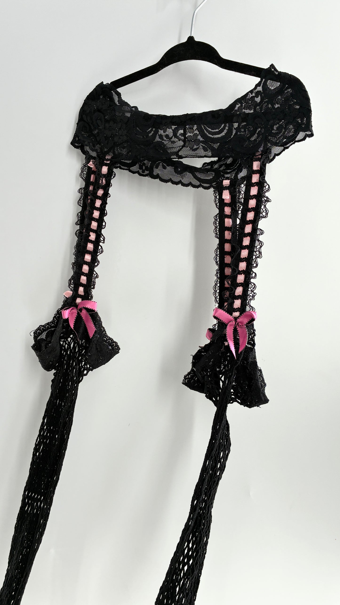 Vintage Black Mesh Garter Tights with Pink Ribbons, Lace, and Bows (One Size)