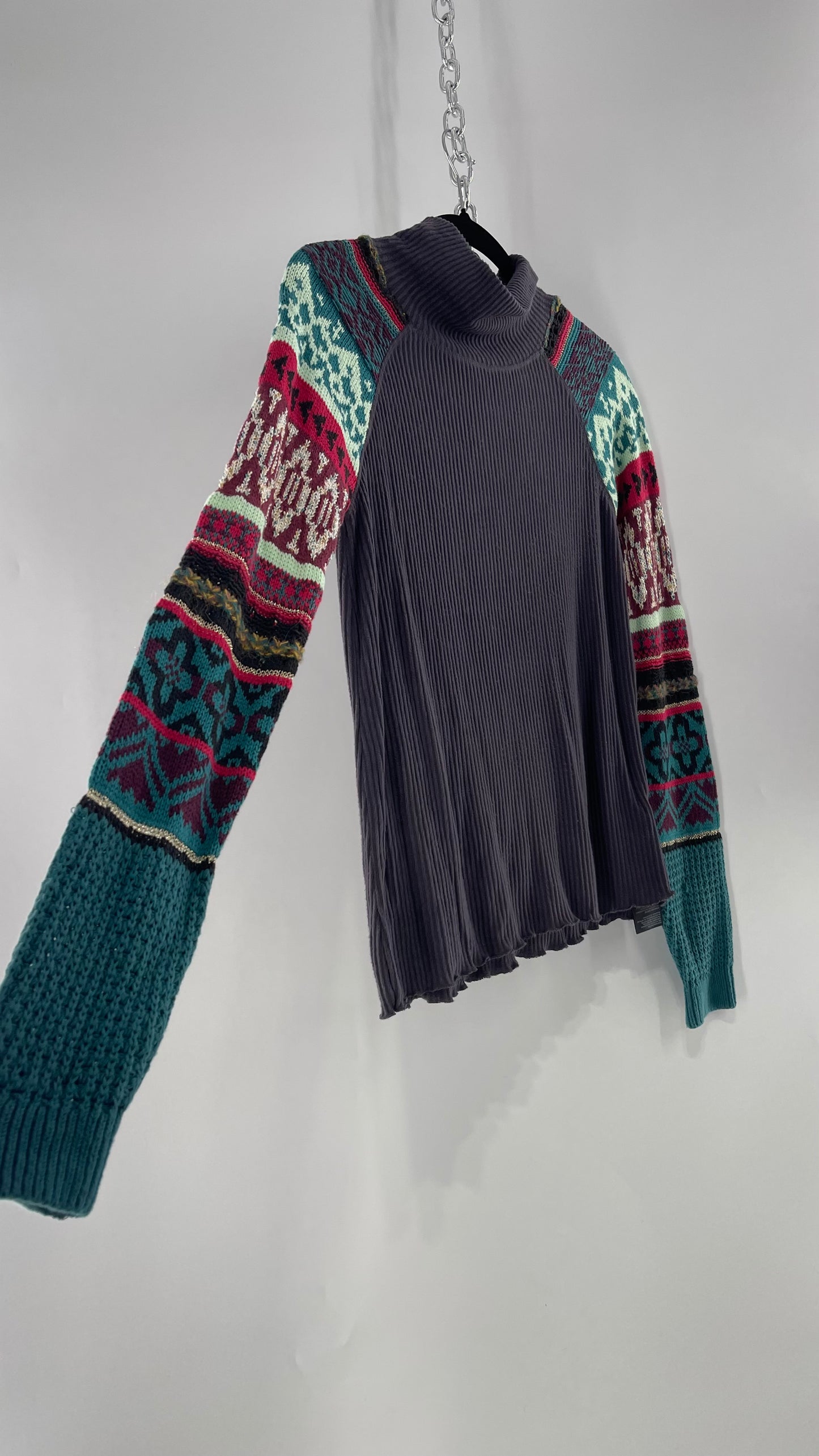 Free People Grey Cozy Knit with Colorful Patterned Knit Sleeves (Small)