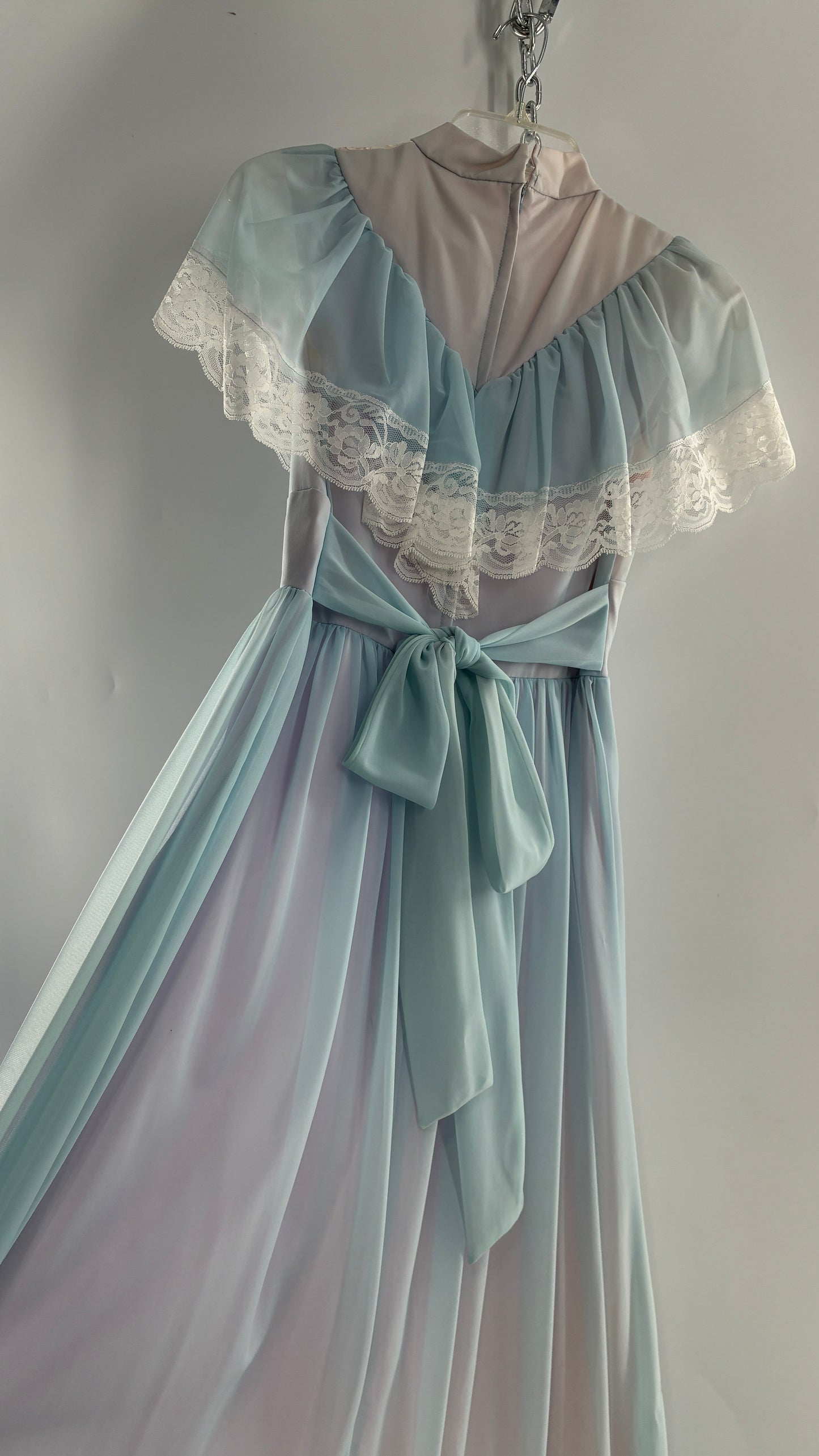 Vintage Handmade 1960s Powder Blue Overlay, Lilac Underlay Gown, Prairie Wedding Dress