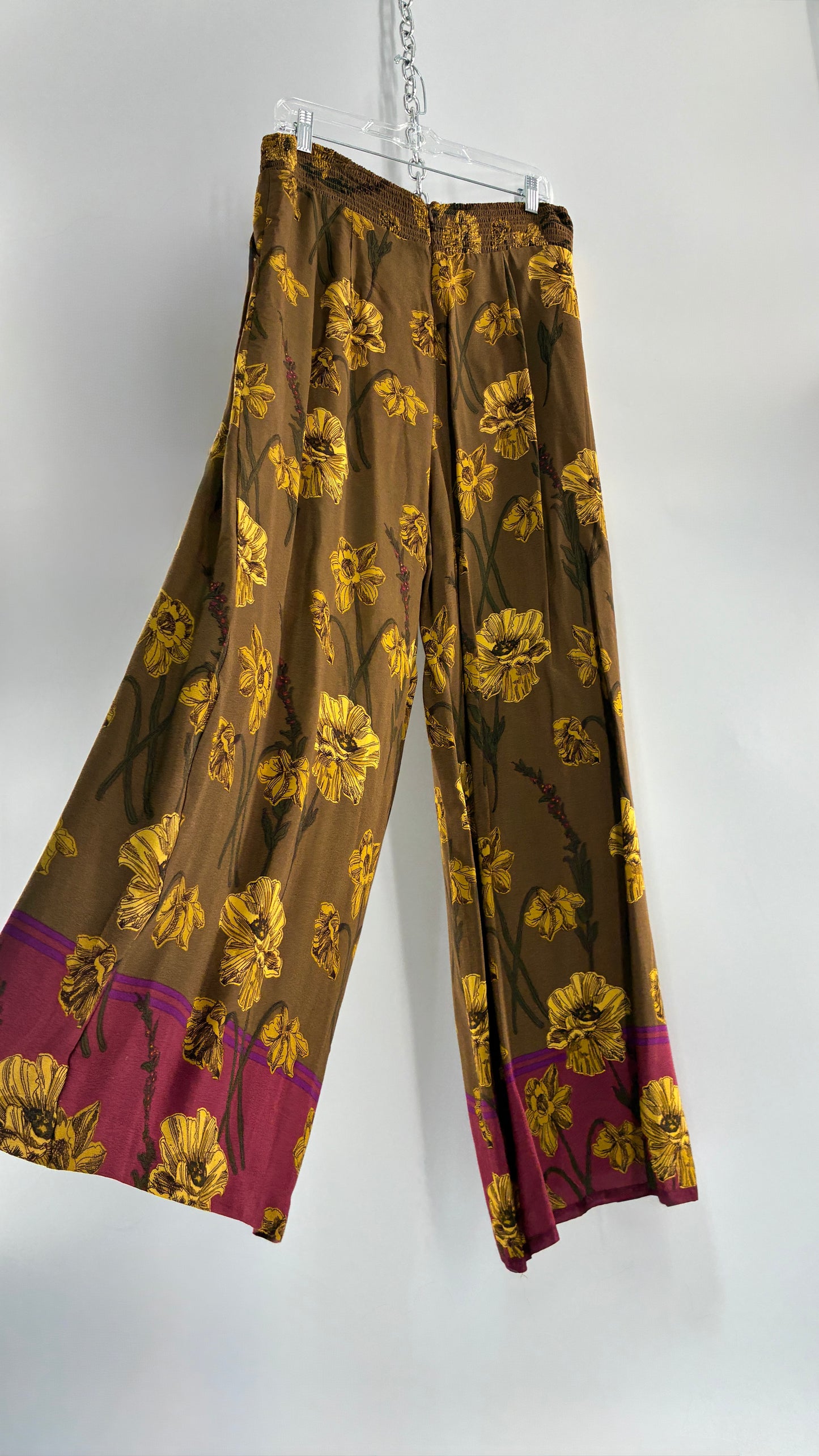 Anthropologie MAEVE Mustard Wide Leg Pants with Mauve Hemline and Floral Pattern (12P)