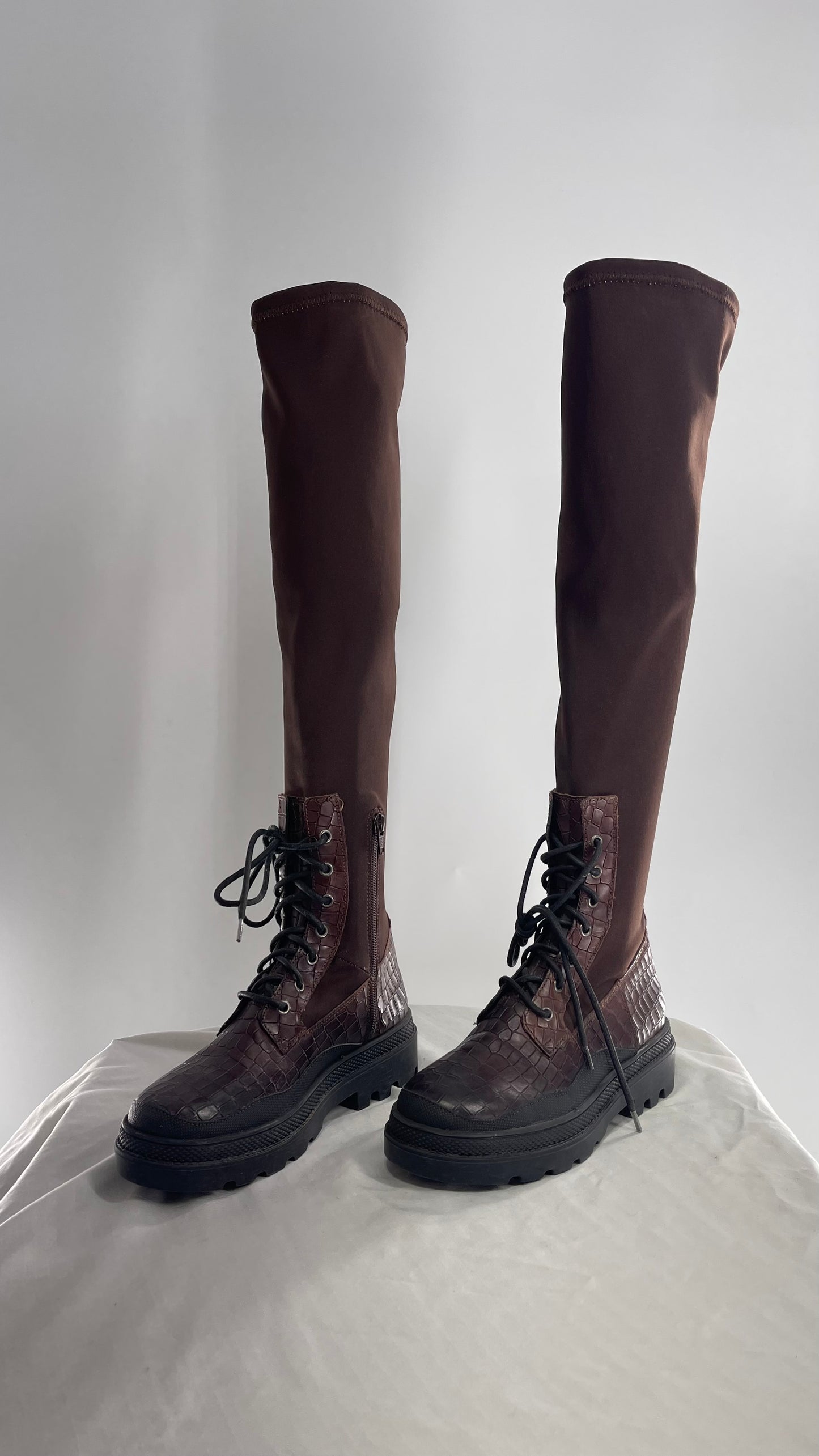 Free People Dark Brown Riding Style Embossed Knee High Platform Boots (37)