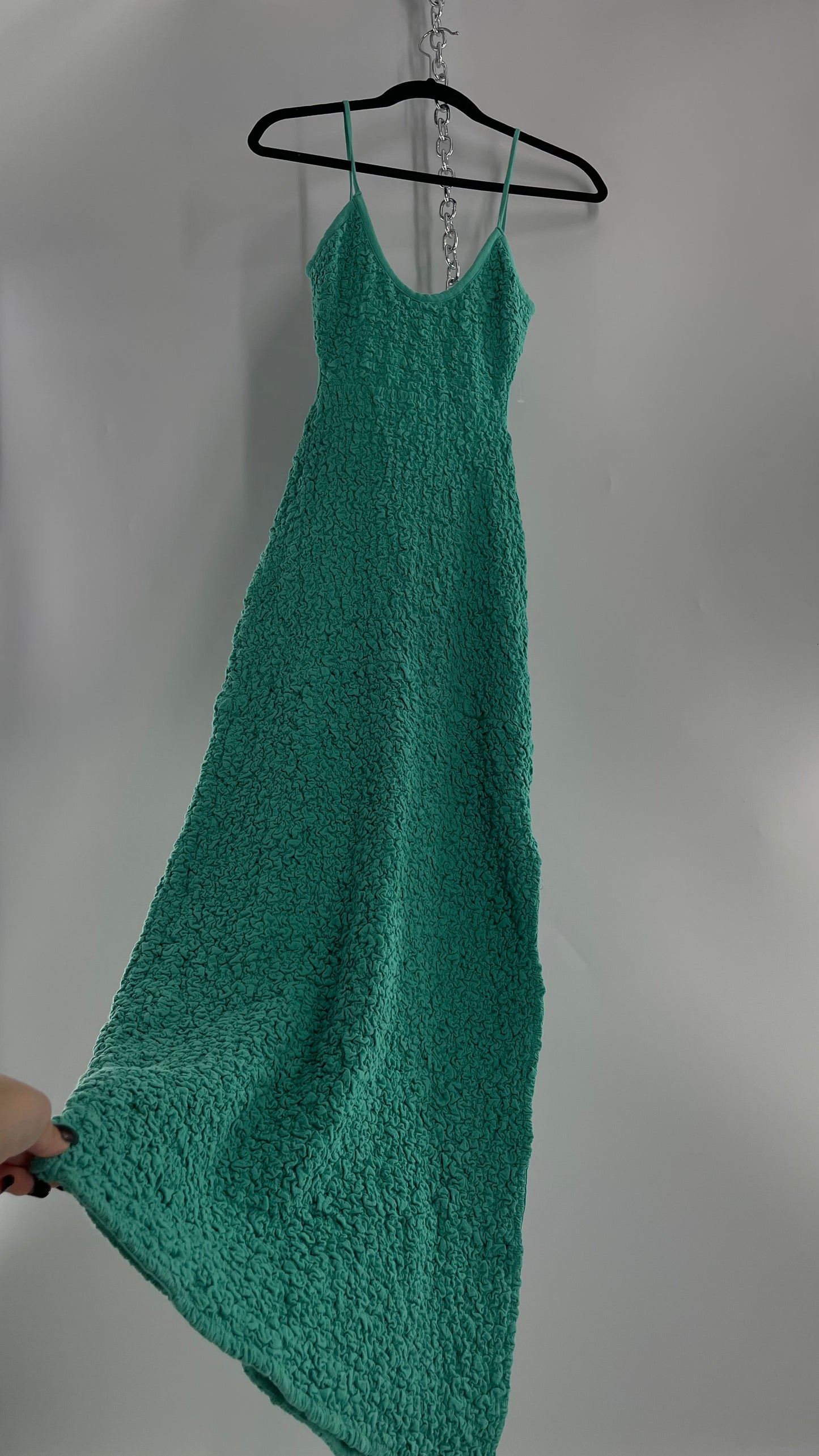 Free People Kelly Green Popcorn Maxi Dress with Low, Open Back Detail (XS)