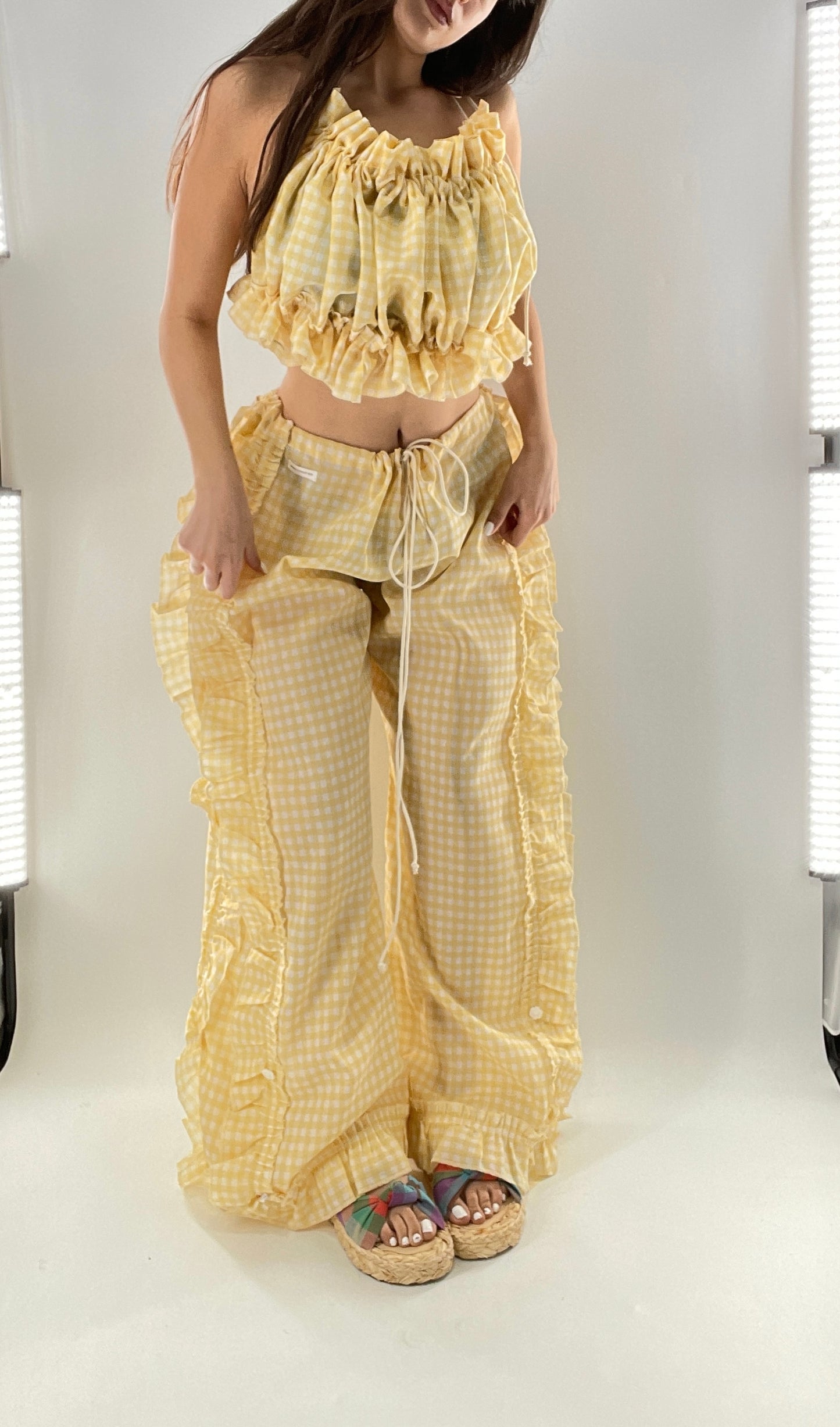 Vintage 2 Piece Yellow Checkered/Gingham Patterned Picnic Set with Ruched Bust Top and Ruffle Side Wide Legs with Adjustable Length, Strap Up Buttons on Hem (One Size)