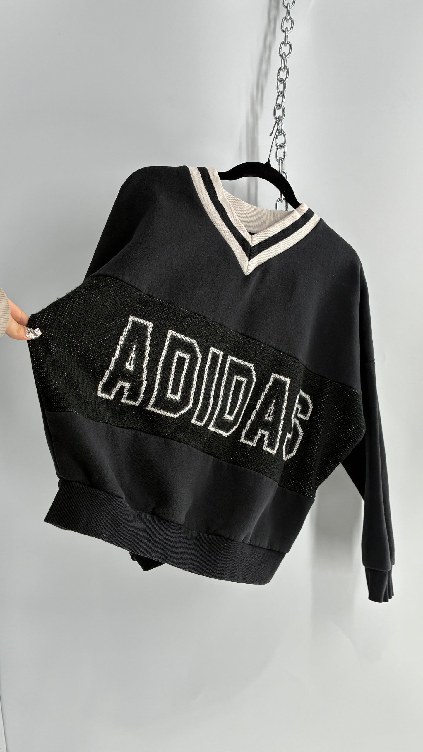 Vintage ADIDAS Black and White Varsity Crew Neck (Small)
