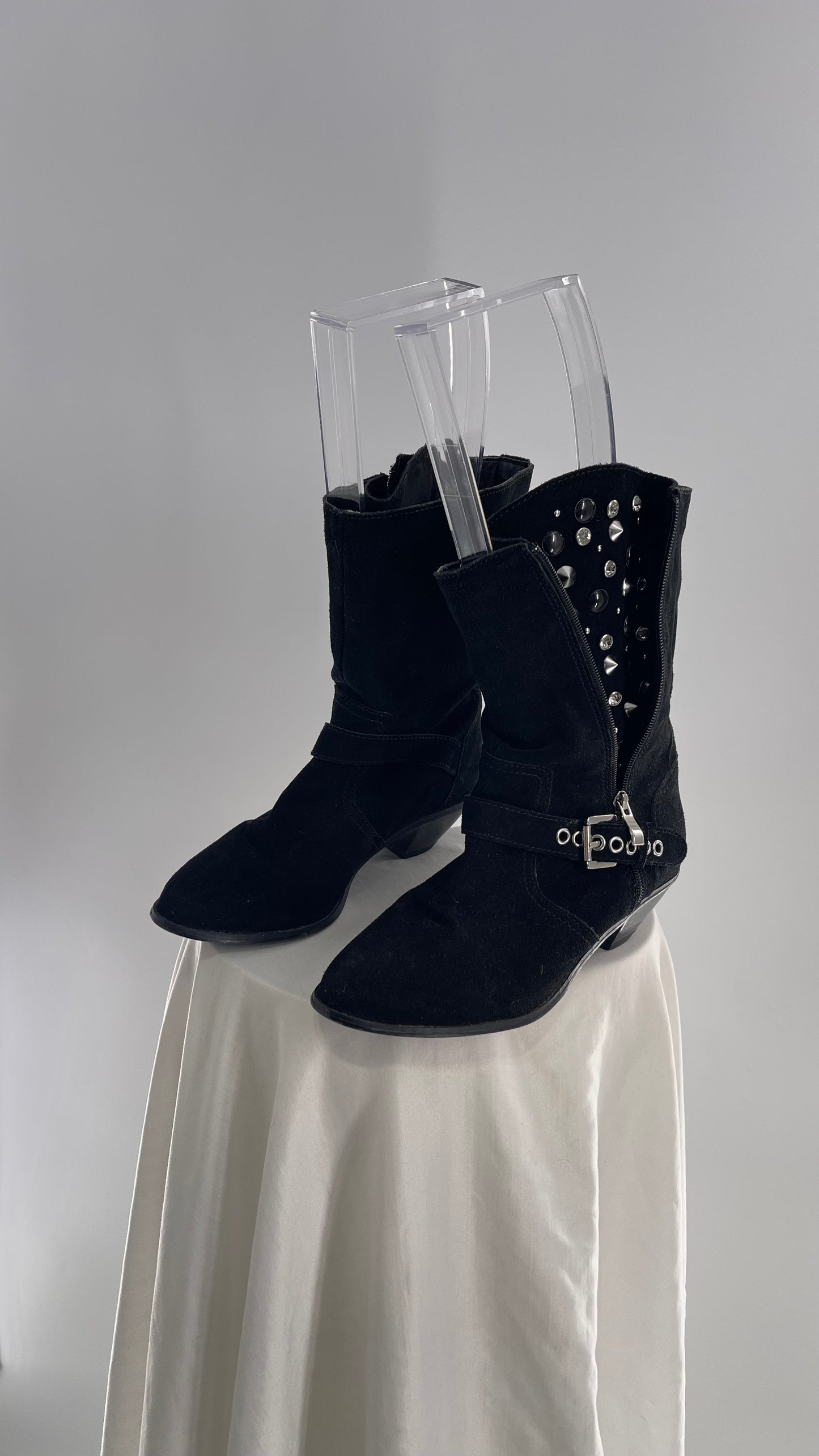 Vintage Black Suede Cowboy Boots with Buckle and Zip Up, Rhinestone Studded Details (8.5)