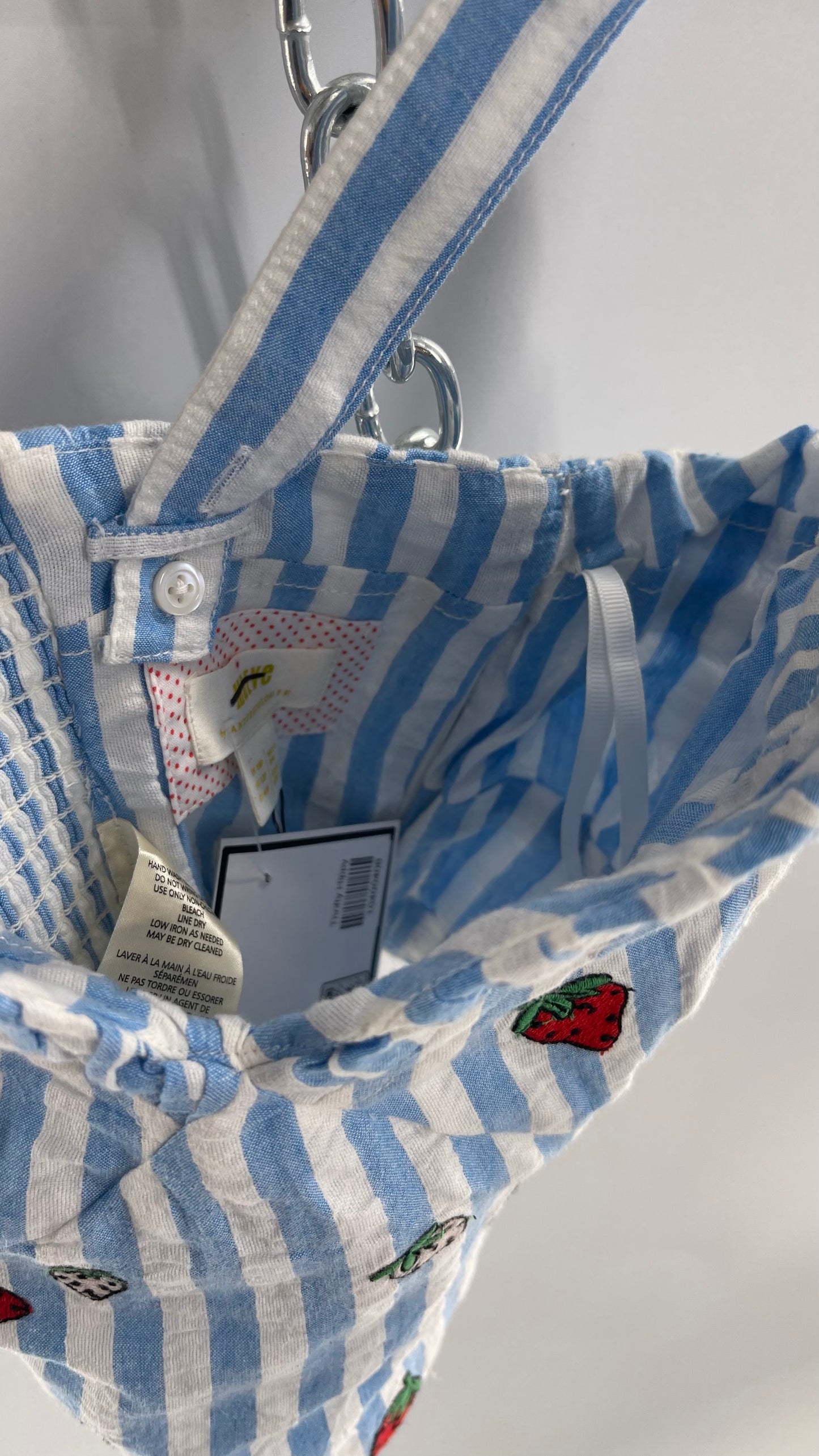Maeve Anthropologie Baby Blue White Striped Corset Like Crop with Embroidered Strawberries (6)