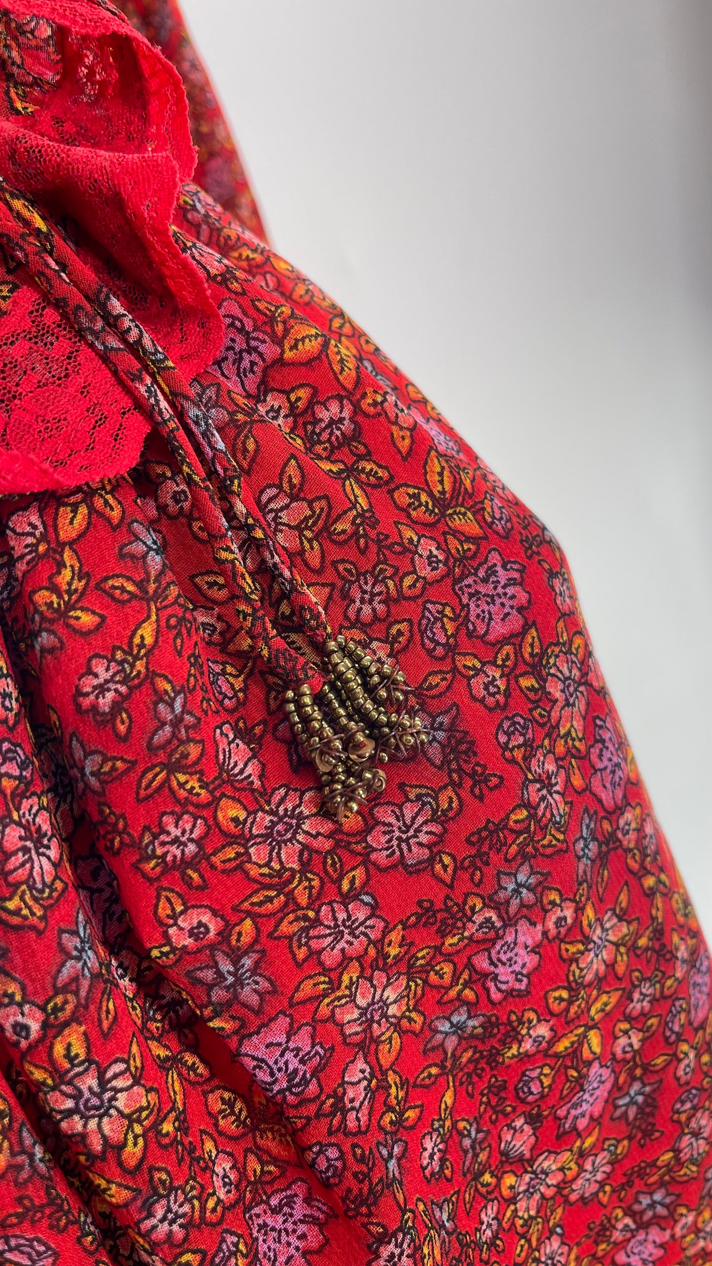 Free People Red Floral Mini Dress with Lace Trim, Open Back and Balloon Sleeves (Small)