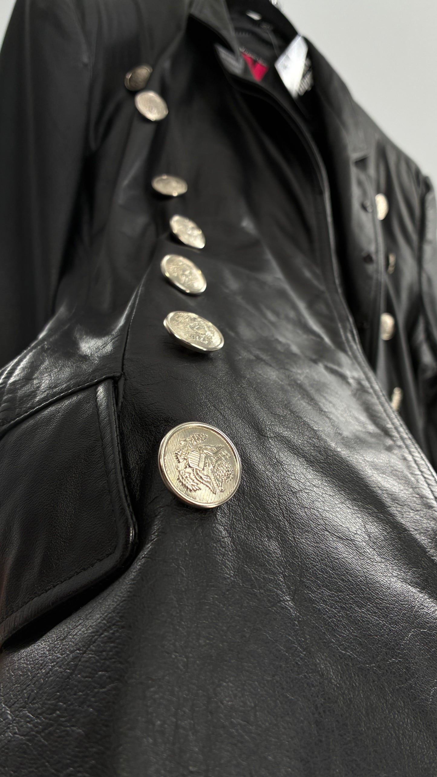Vintage Virginia Slims Black Genuine Leather Military Jacket with Double Breasted Embossed Buttons (Large)