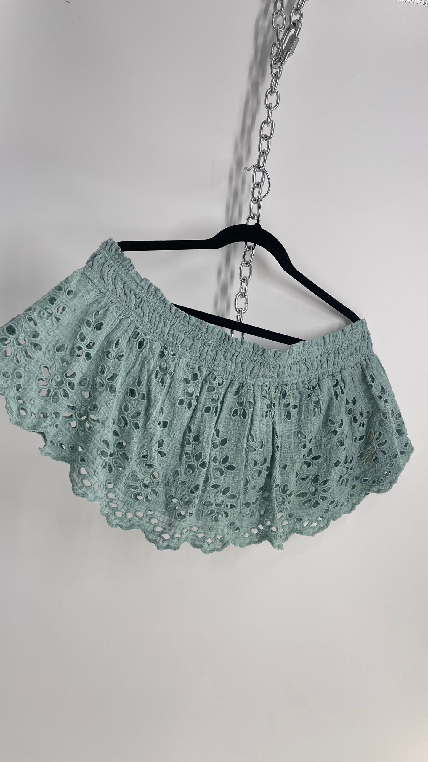 Free People Eyelet Cotton Teal Blue Off the Shoulder Ruffle Bandeau (Medium)